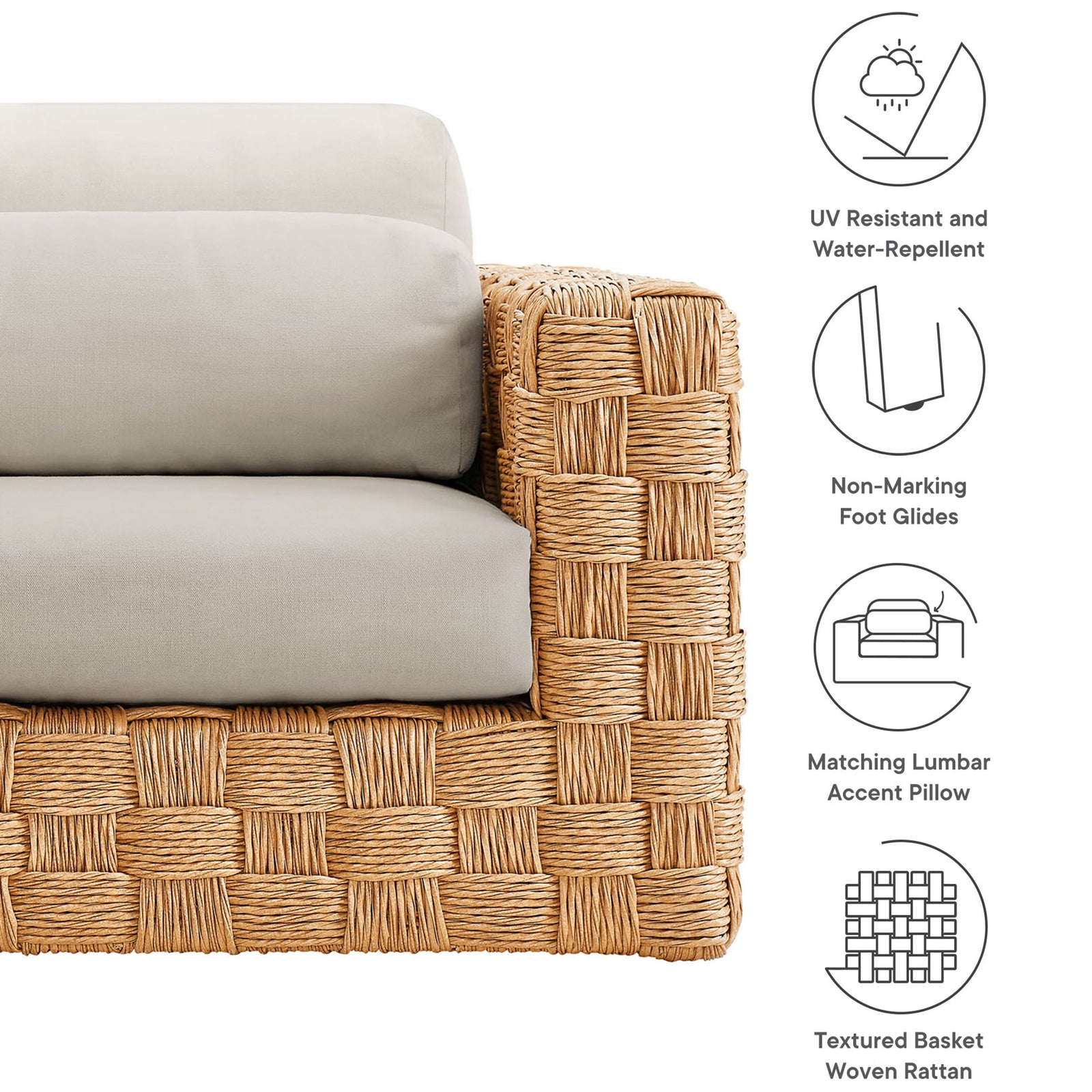 Feature highlights of the Thames outdoor rattan armchair showing UV resistance, foot glides, and lumbar pillow || EEI-6925-NAT-LGR || callout_studio