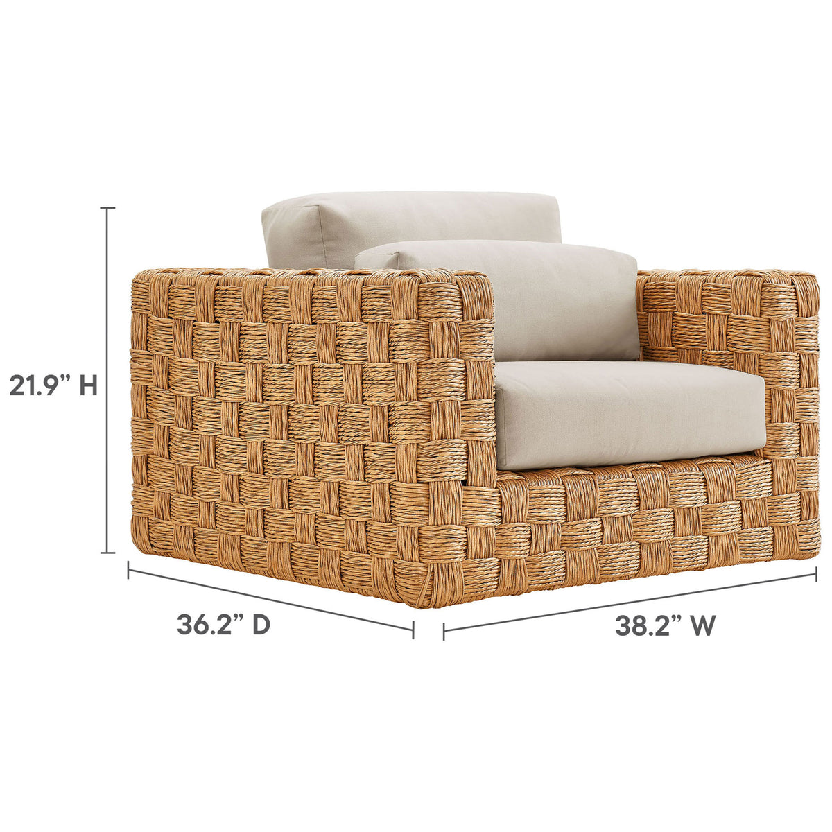 Dimensions for the Thames natural rattan armchair with light gray cushions showing height, depth, and width || EEI-6925-NAT-LGR || dimension_studio