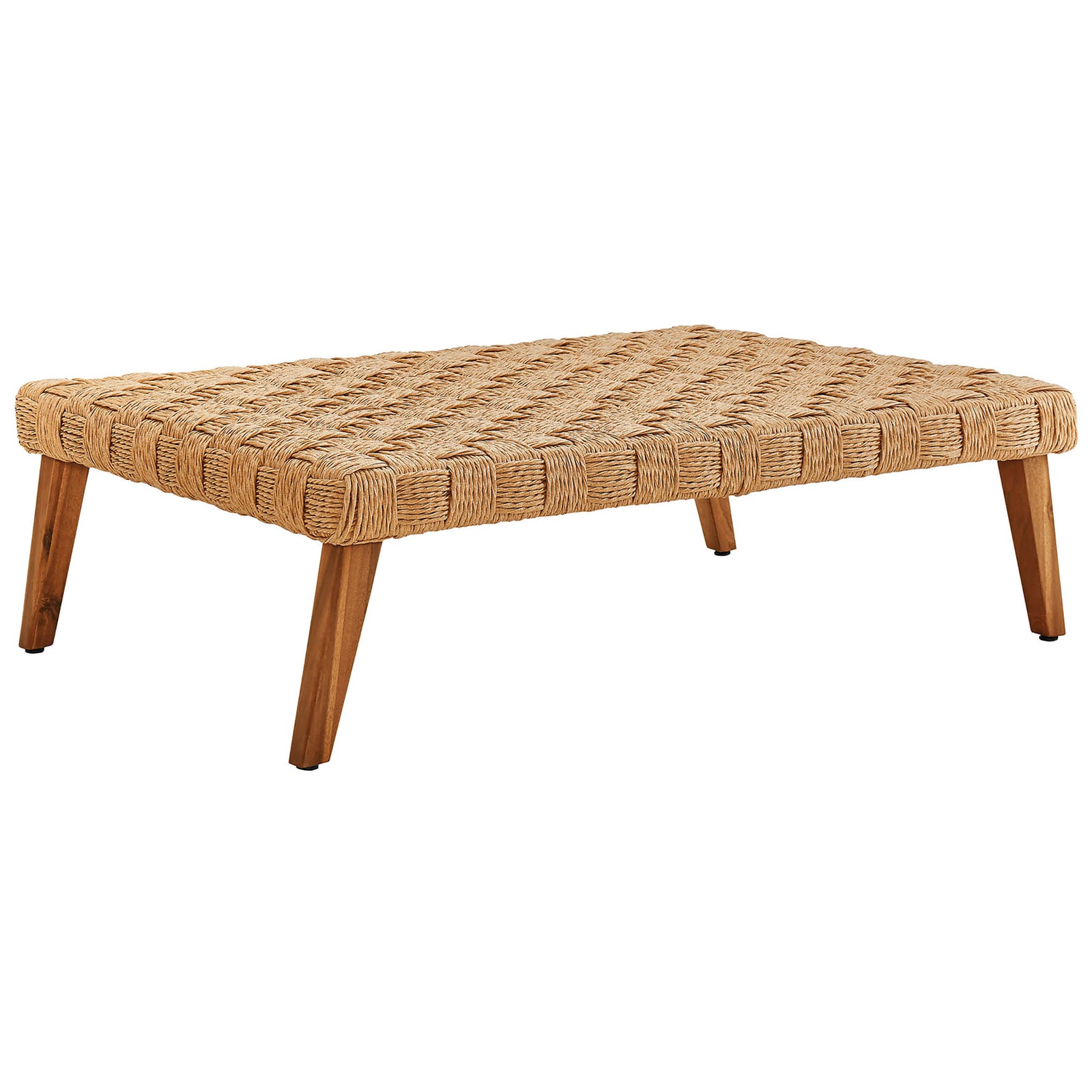 Low-profile woven rattan outdoor coffee table with tapered acacia wood legs || EEI-6926-NAT || front_angle_studio