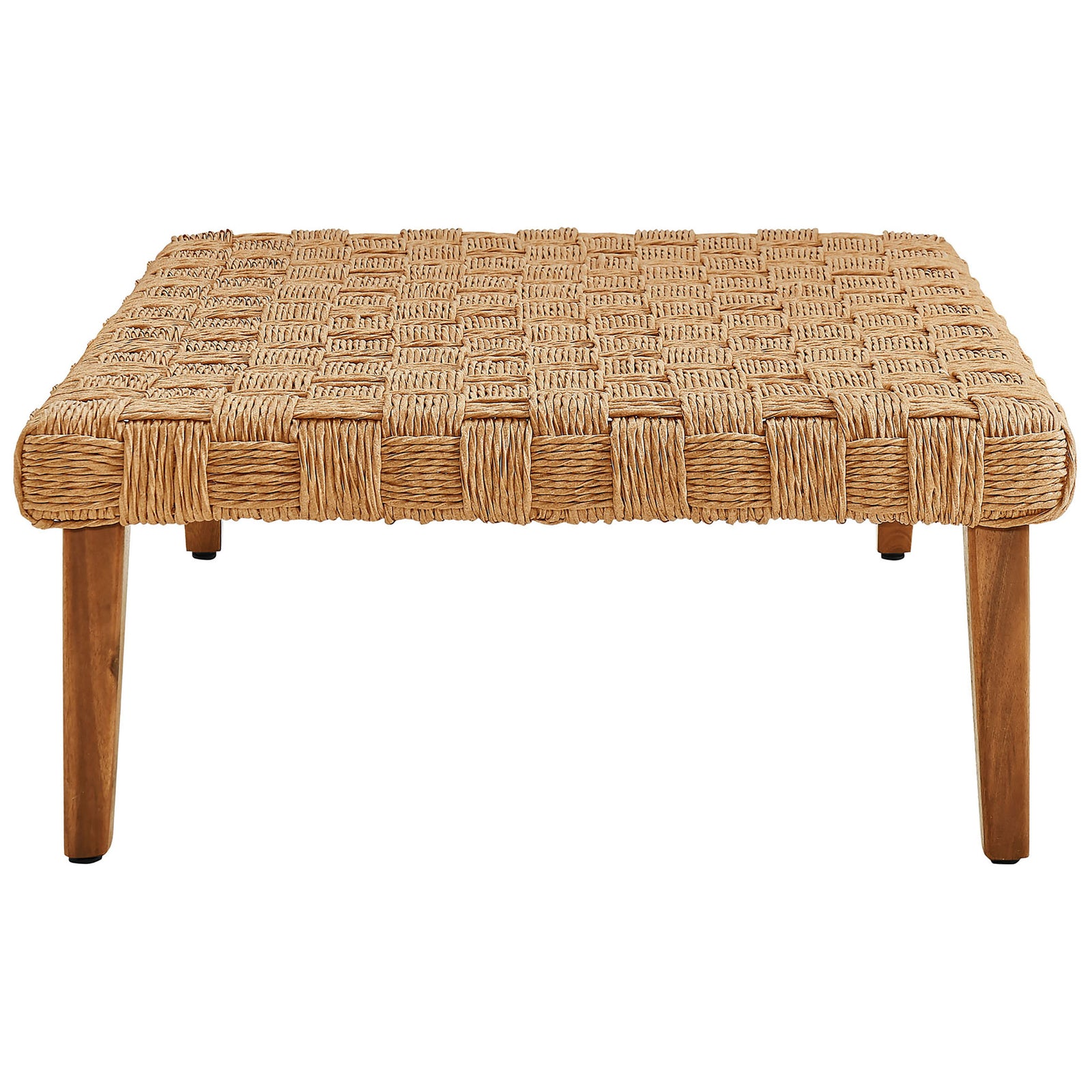 Rectangular natural rattan coffee table showcasing the wide basket-weave tabletop and sturdy wood legs || EEI-6926-NAT || side_studio