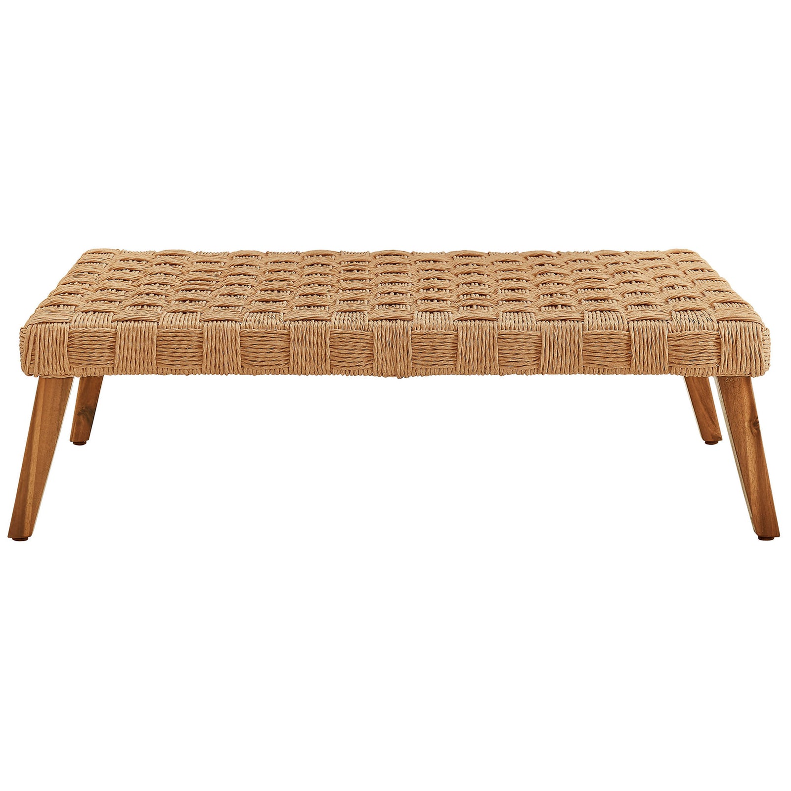 Slim-profile outdoor coffee table highlighting the long woven rattan surface and angled wooden legs || EEI-6926-NAT || front_studio