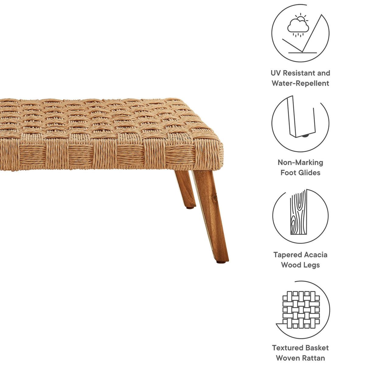 Coffee table with icons highlighting UV resistance, non-marking glides, tapered wood legs, and basket-weave rattan || EEI-6926-NAT || callout_studio