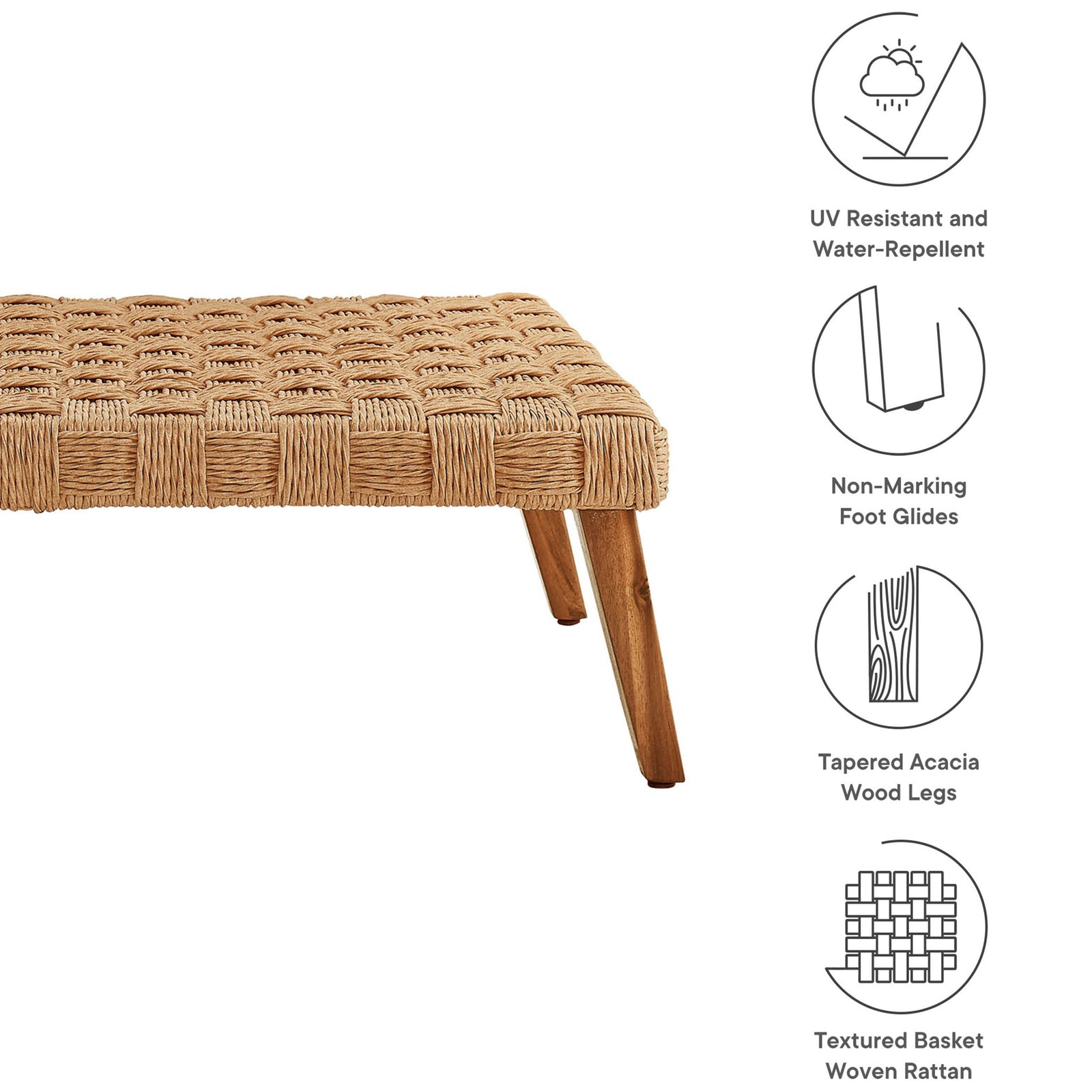 Coffee table with icons highlighting UV resistance, non-marking glides, tapered wood legs, and basket-weave rattan || EEI-6926-NAT || callout_studio