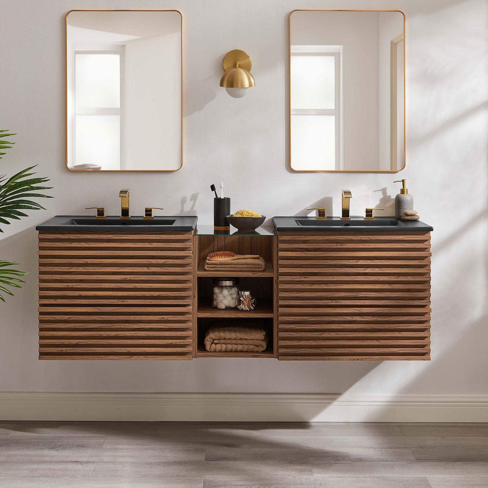 Floating double vanity showcases mid-century slatted fronts with dual black sinks || EEI-6941-WAL-BLK || front_room