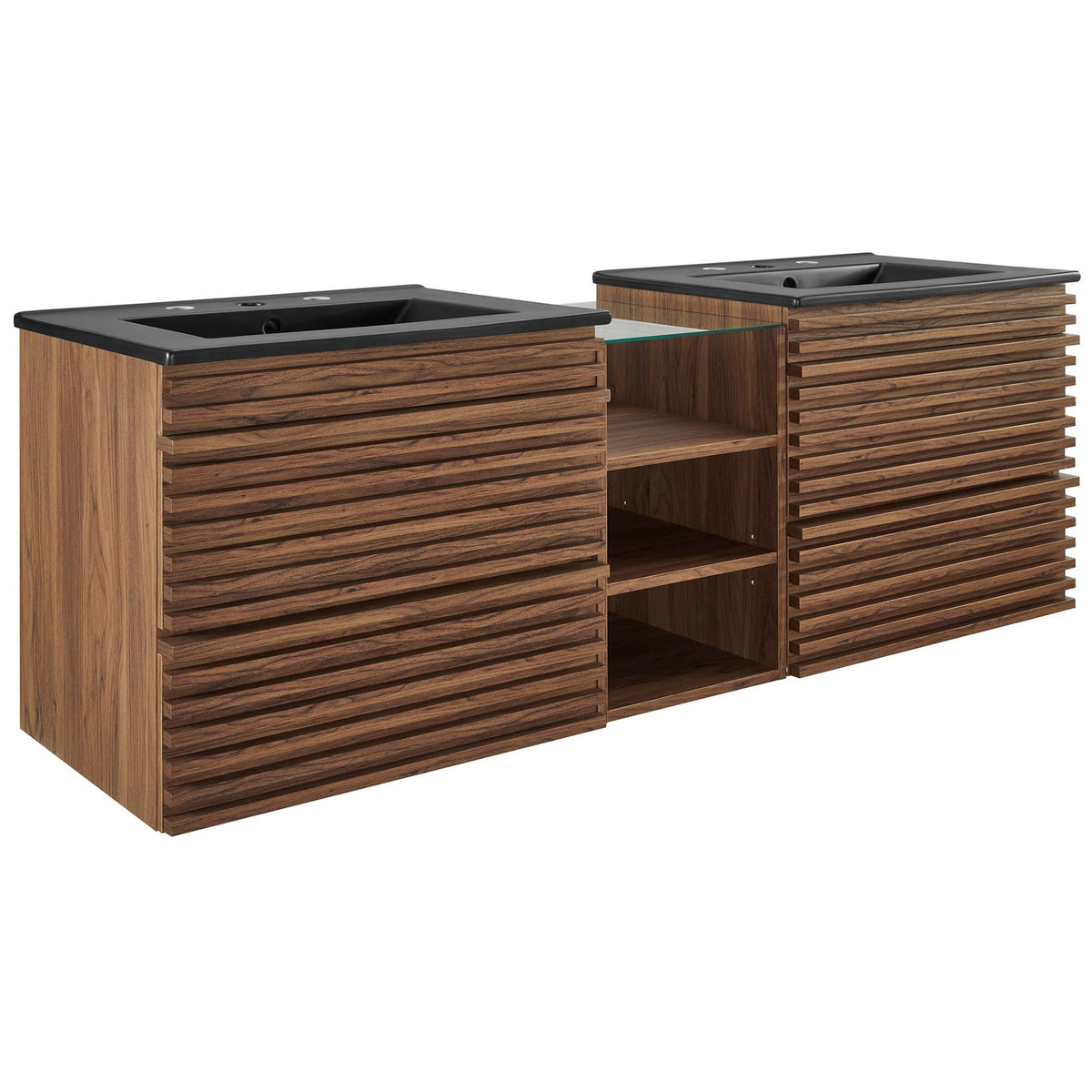 Walnut wall-mount double vanity with slatted drawers, black sinks, and open center shelving || EEI-6941-WAL-BLK || front_angle_studio