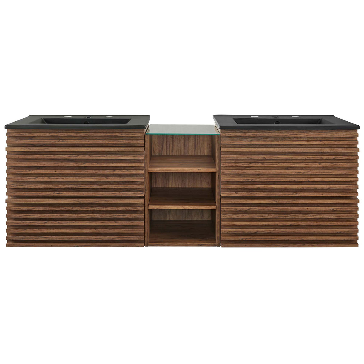 Floating double vanity in walnut with slatted fronts, dual black sinks, and glass-topped center shelf || EEI-6941-WAL-BLK || front_studio