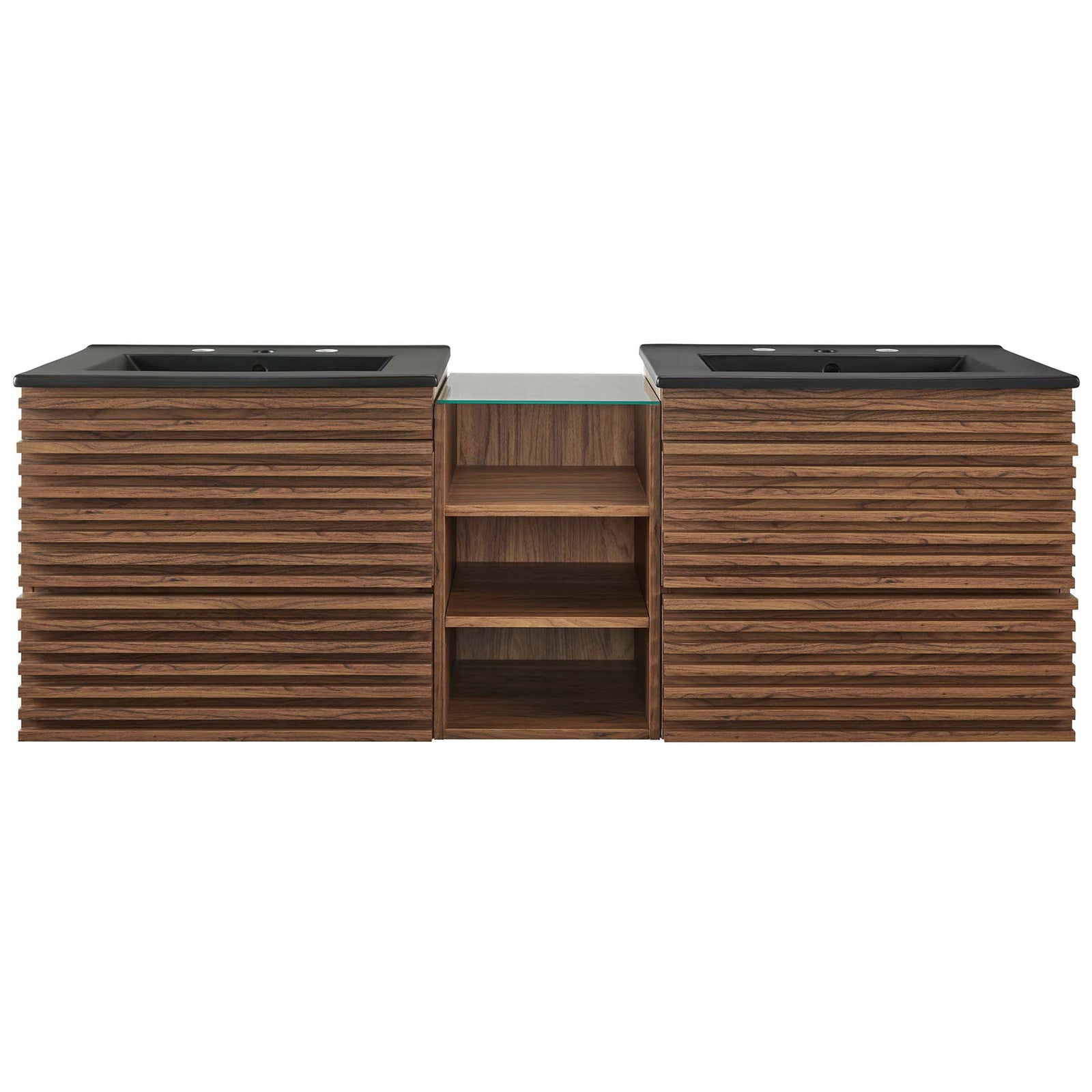 Floating double vanity in walnut with slatted fronts, dual black sinks, and glass-topped center shelf || EEI-6941-WAL-BLK || front_studio