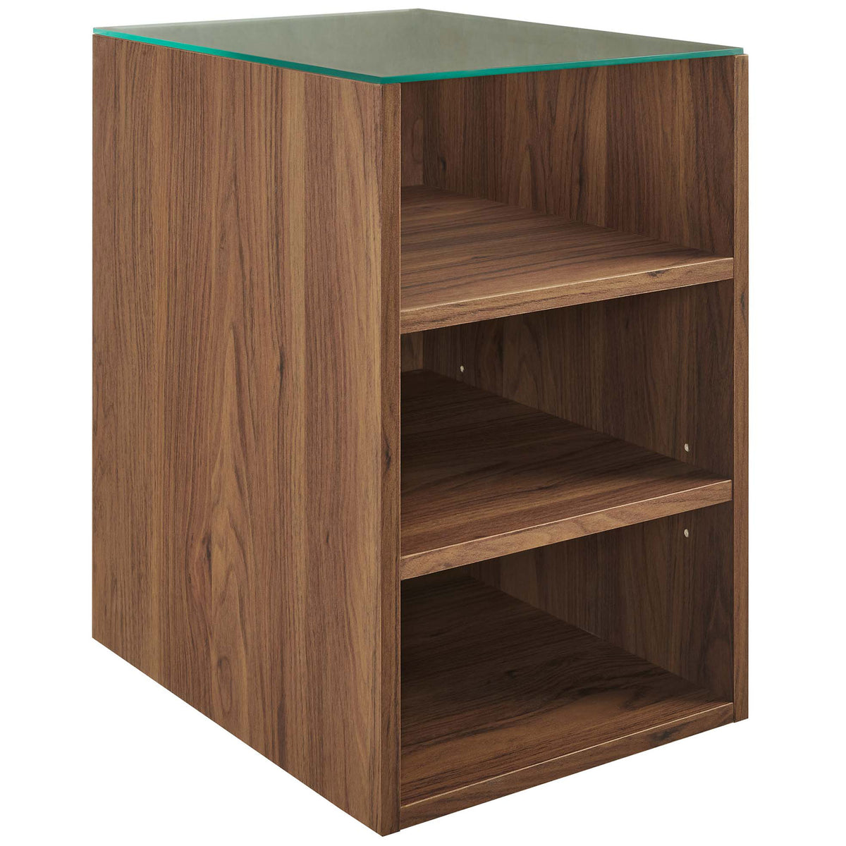 Walnut open storage module with adjustable shelves and a clean glass top || EEI-6941-WAL-BLK || front_angle_partial_studio