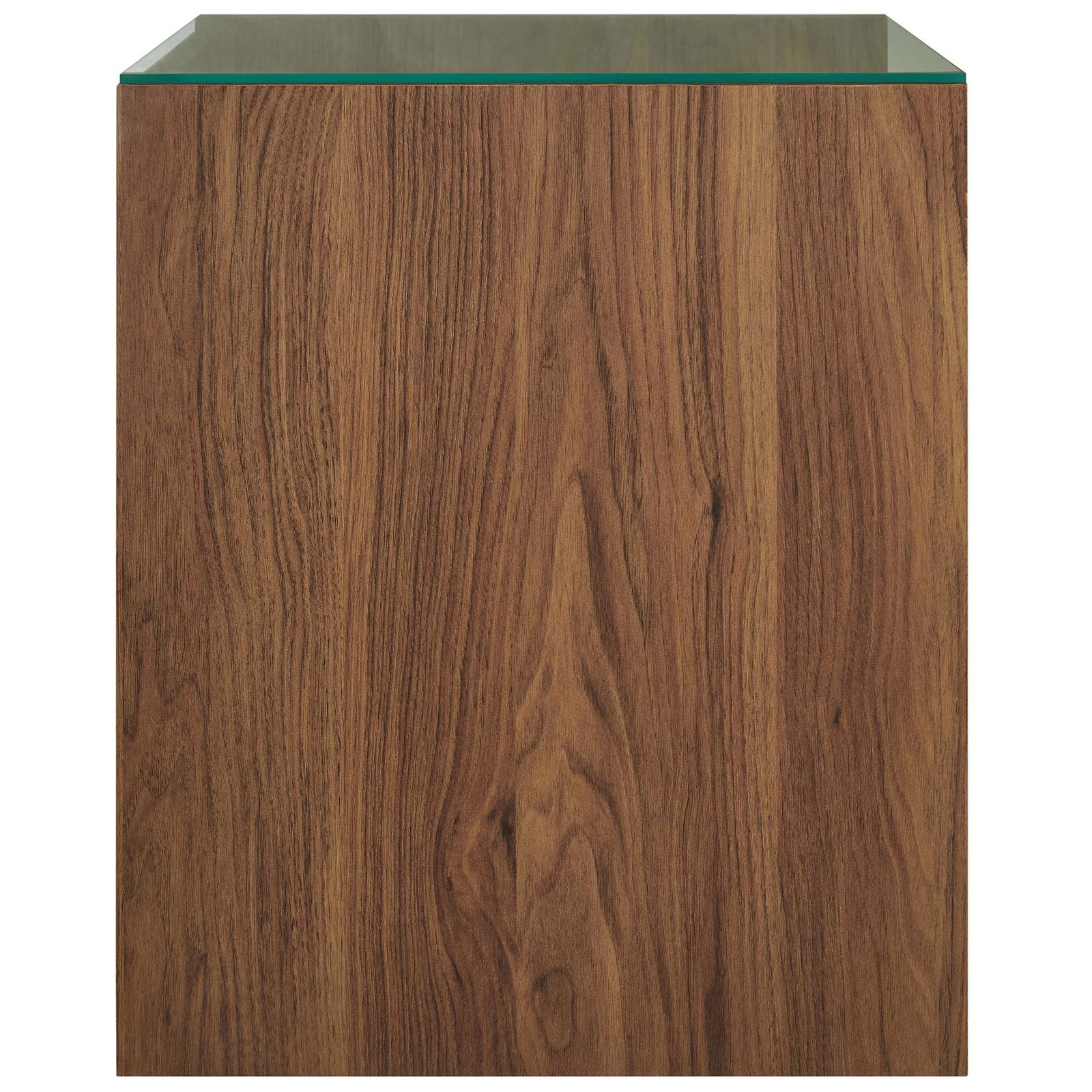 Smooth walnut side profile of the open storage module with a sleek glass top || EEI-6941-WAL-BLK || side_partial_studio
