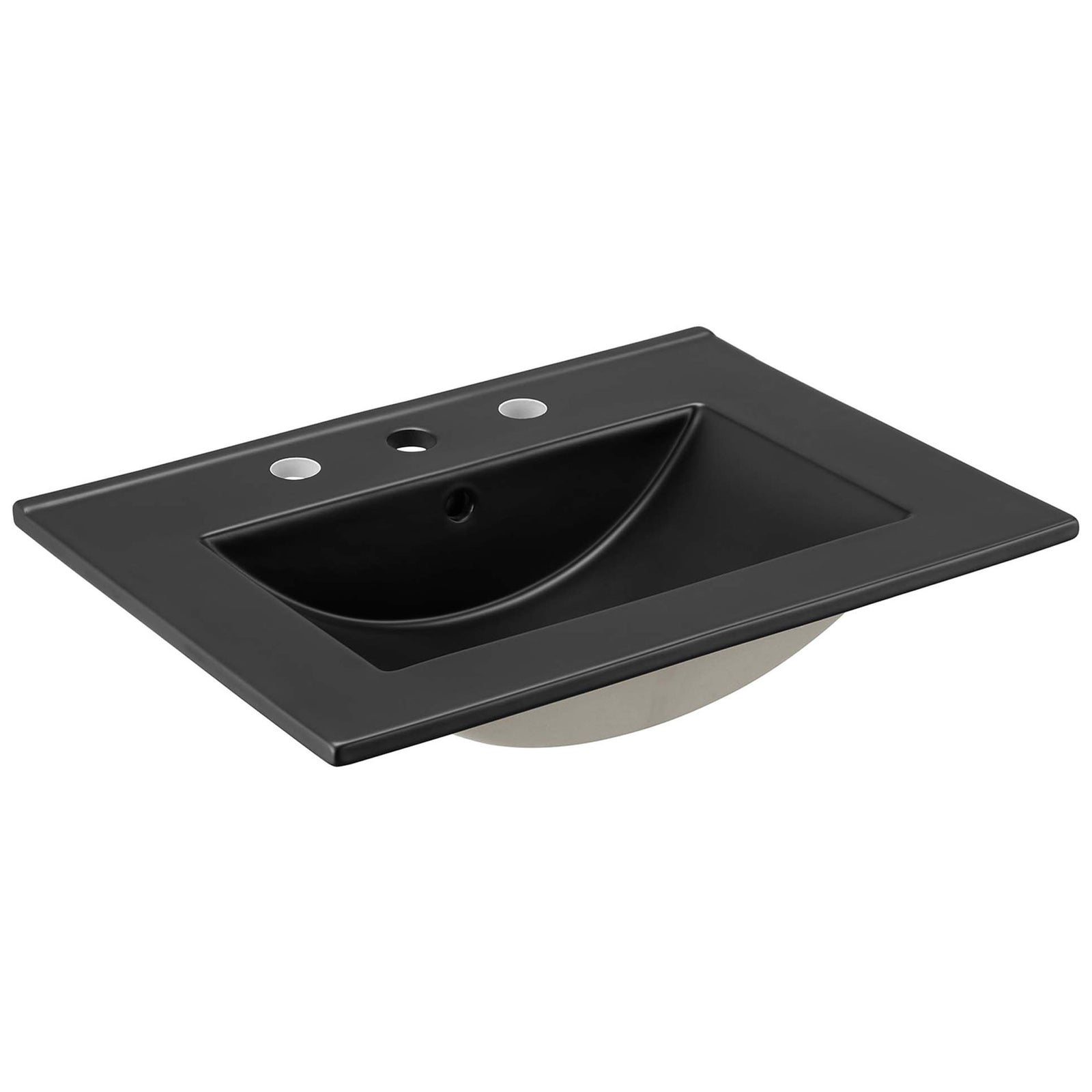 Matte black ceramic sink top with 8 inch widespread faucet holes and a deep rectangular bowl || EEI-6941-WAL-BLK || front_angle_partial_studio