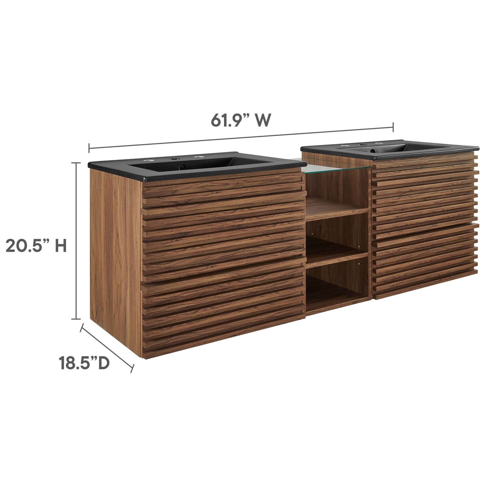 Overall dimensions: 61.9 in W x 18.5 in D x 20.5 in H || EEI-6941-WAL-BLK || dimension_studio