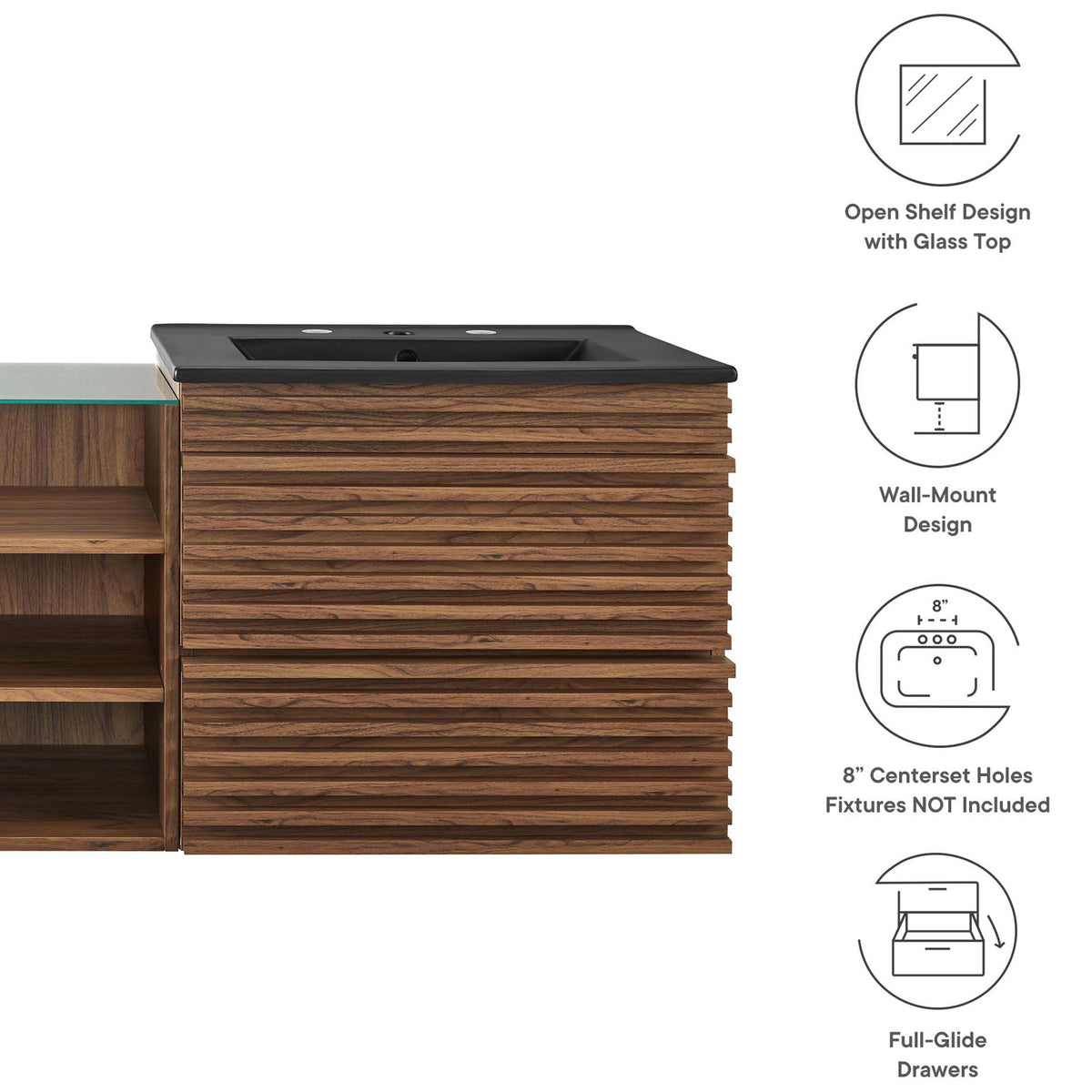 Feature highlights: wall-mount design, open shelf with glass top, and full-glide drawers || EEI-6941-WAL-BLK || callout_studio