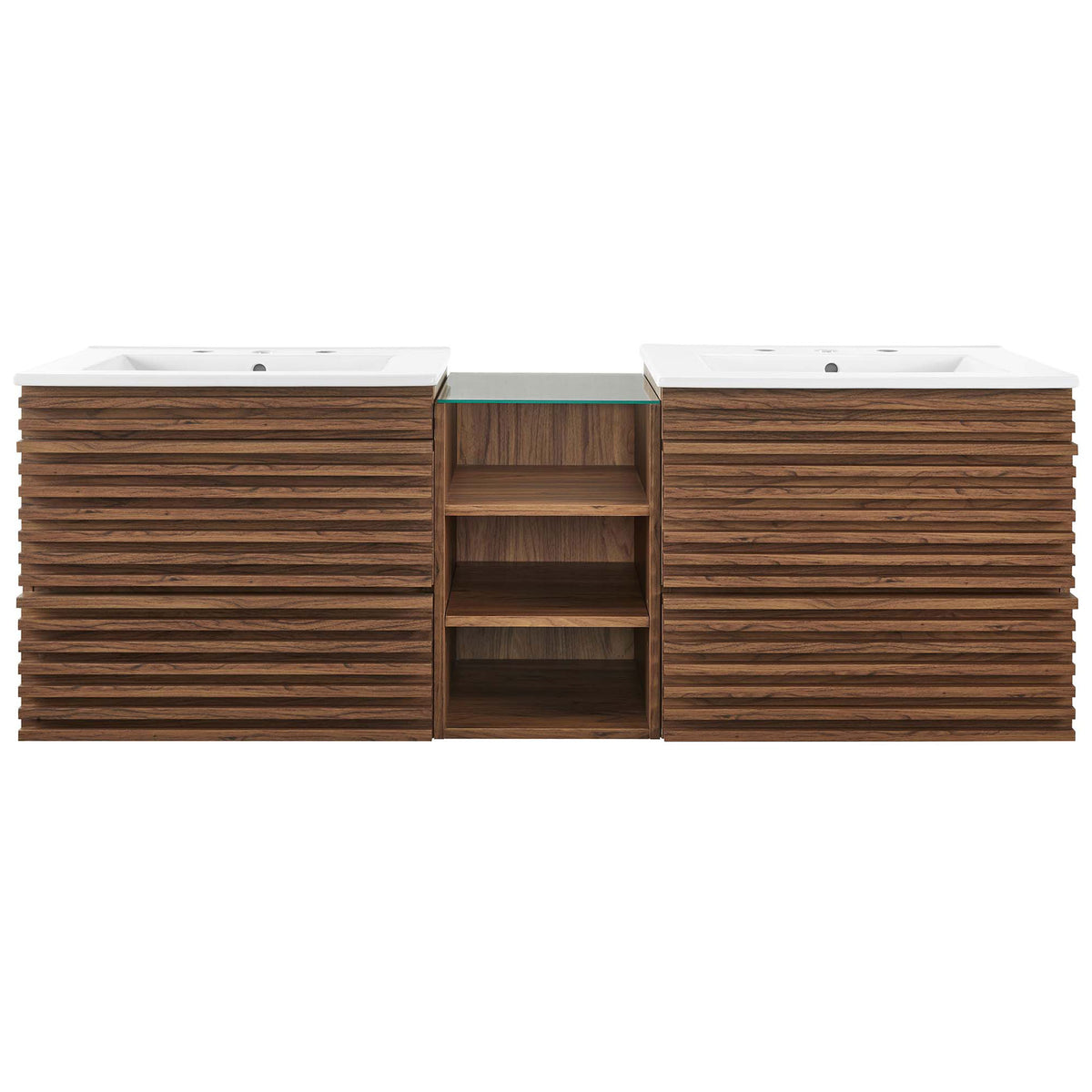 Walnut double vanity with slatted drawer fronts, dual ceramic sinks, and a glass-topped center shelf || EEI-6941-WAL-WHI || front_studio
