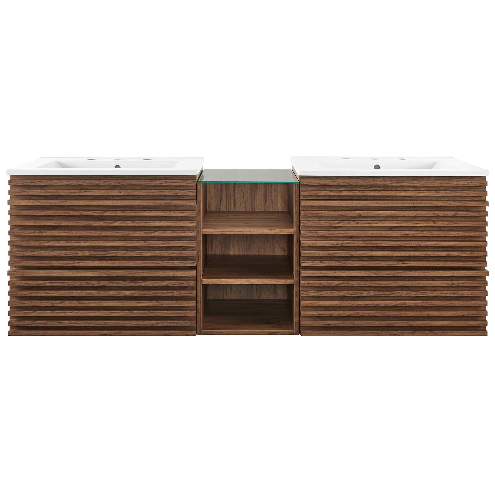 Walnut double vanity with slatted drawer fronts, dual ceramic sinks, and a glass-topped center shelf || EEI-6941-WAL-WHI || front_studio