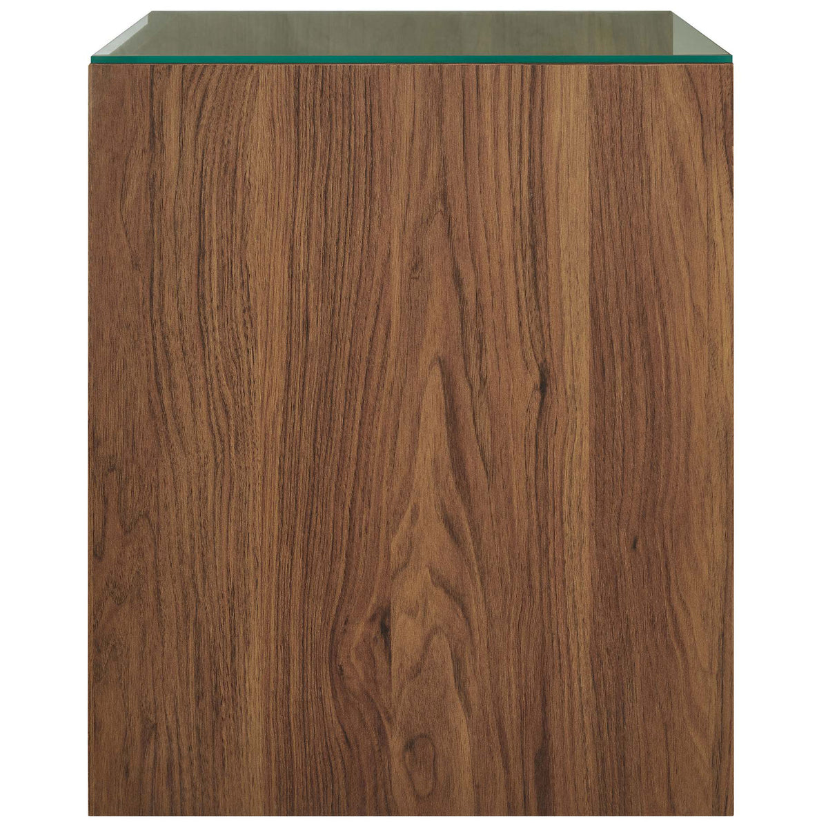 Sleek walnut side panel and glass top detailing on the center storage unit || EEI-6941-WAL-WHI || side_partial_studio