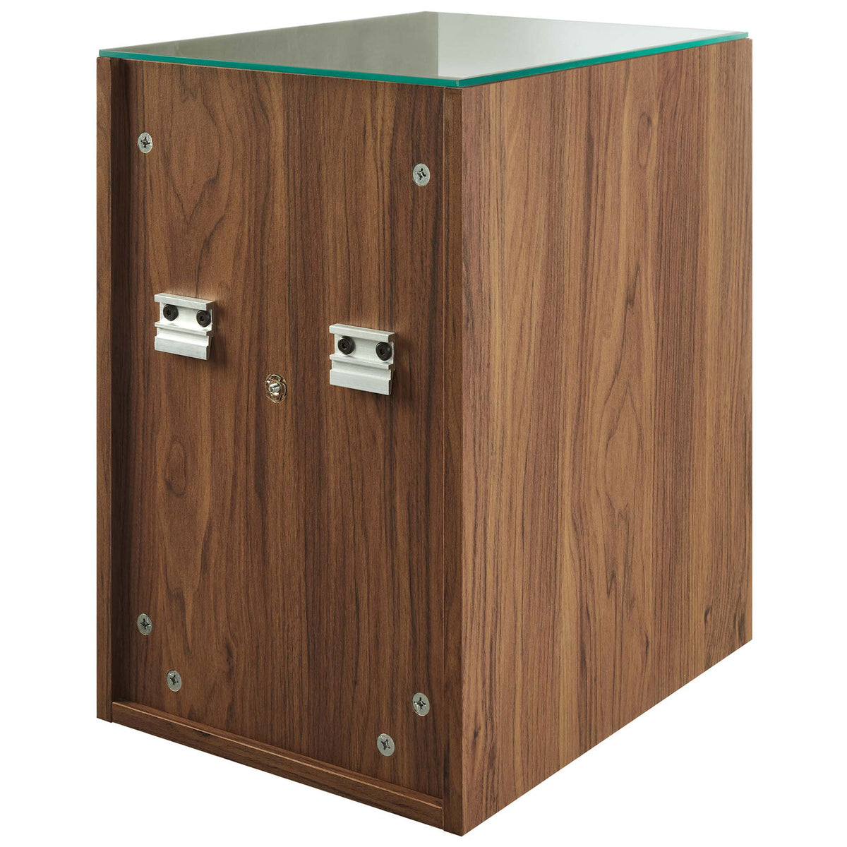 Rear mounting cleats and hardware on the walnut center storage unit || EEI-6941-WAL-WHI || back_angle_partial_studio