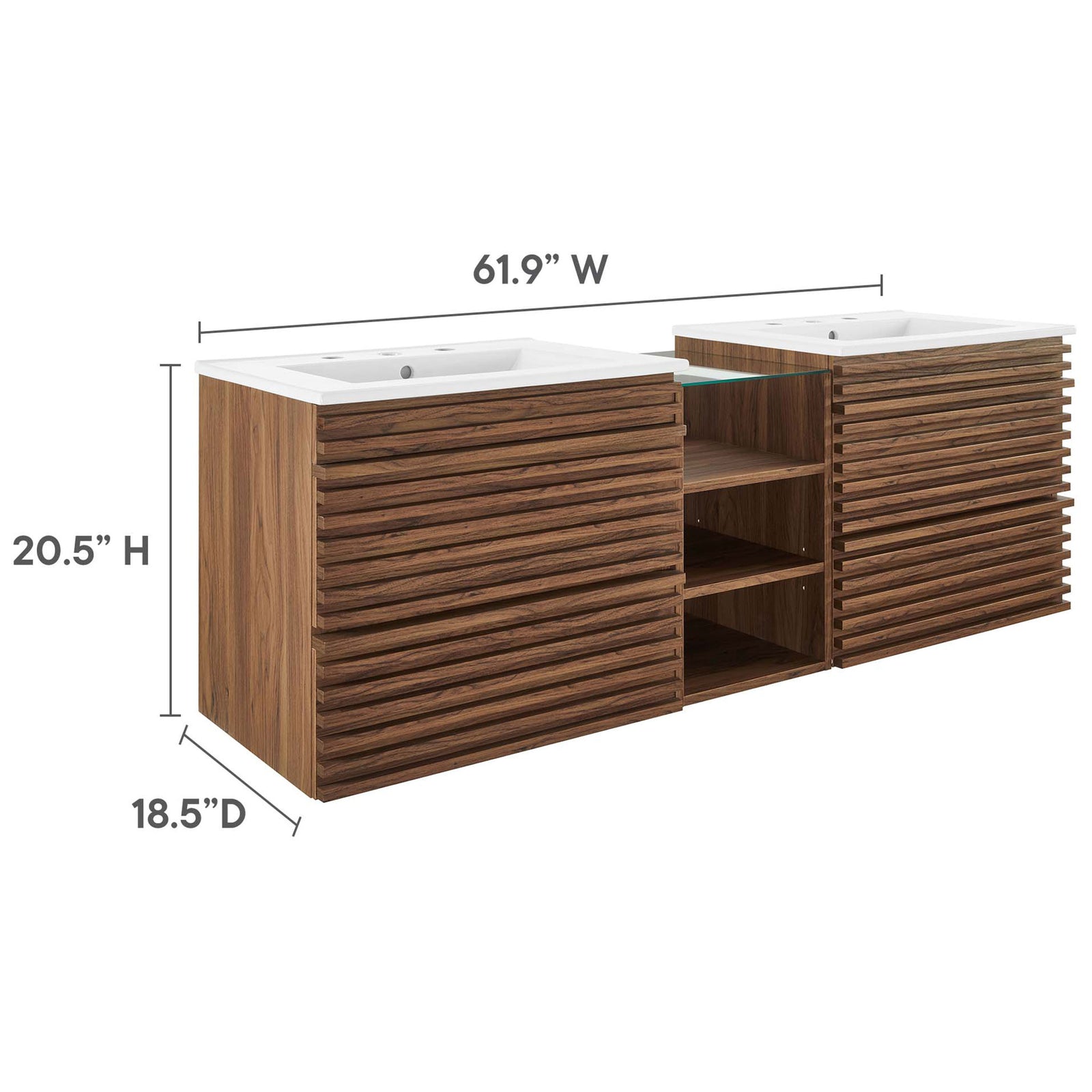 Dimensions for the Render double vanity with width, height, and depth measurements || EEI-6941-WAL-WHI || dimension_studio