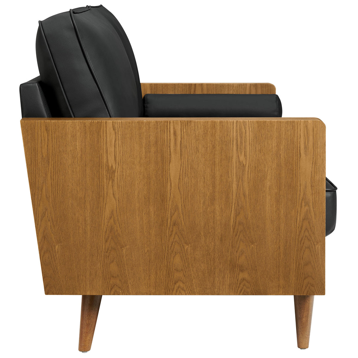 Walnut wood veneer panel arms and tapered legs framing a smooth black vegan leather sofa silhouette || EEI-6942-WAL-BLK || side_studio