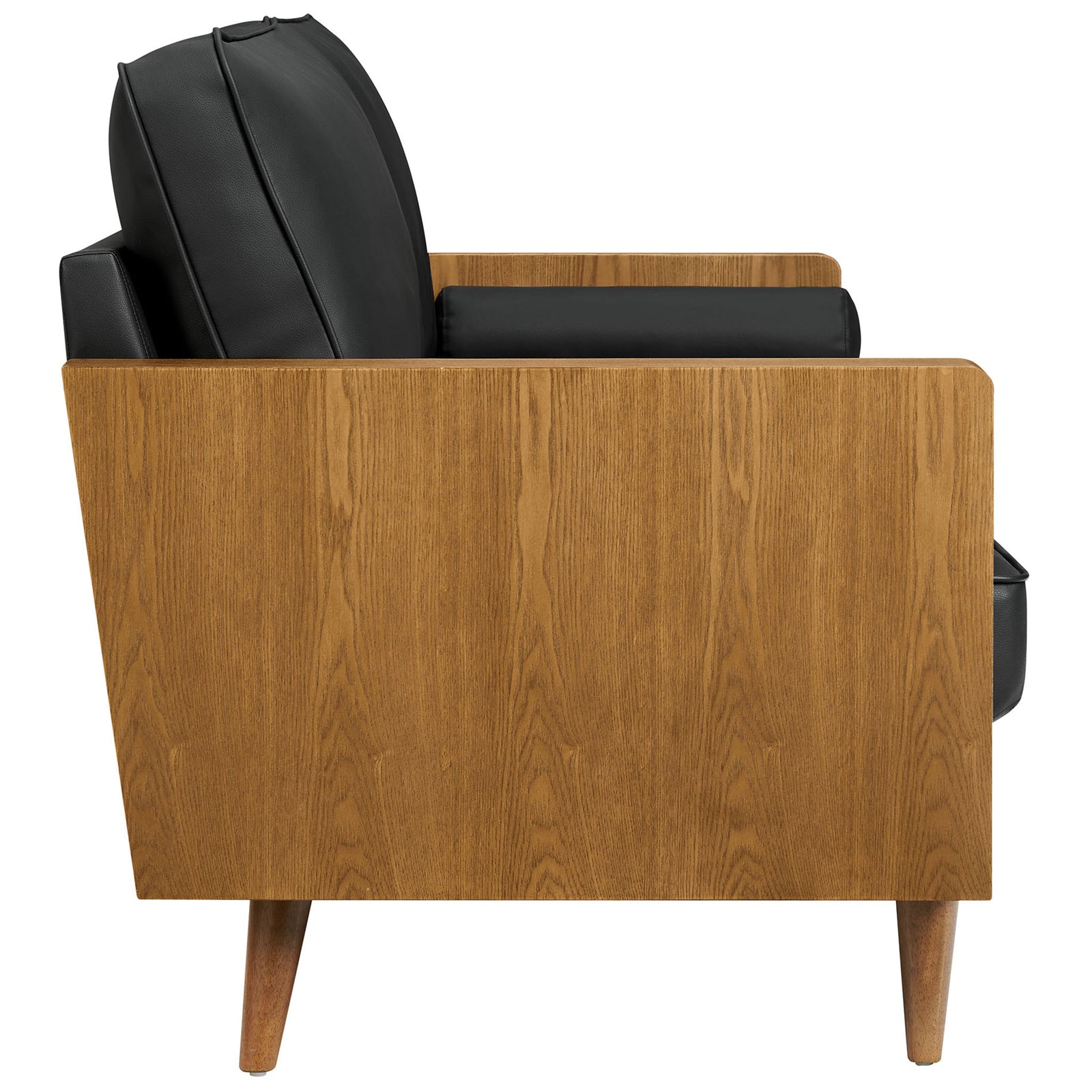 Walnut wood veneer panel arms and tapered legs framing a smooth black vegan leather sofa silhouette || EEI-6942-WAL-BLK || side_studio