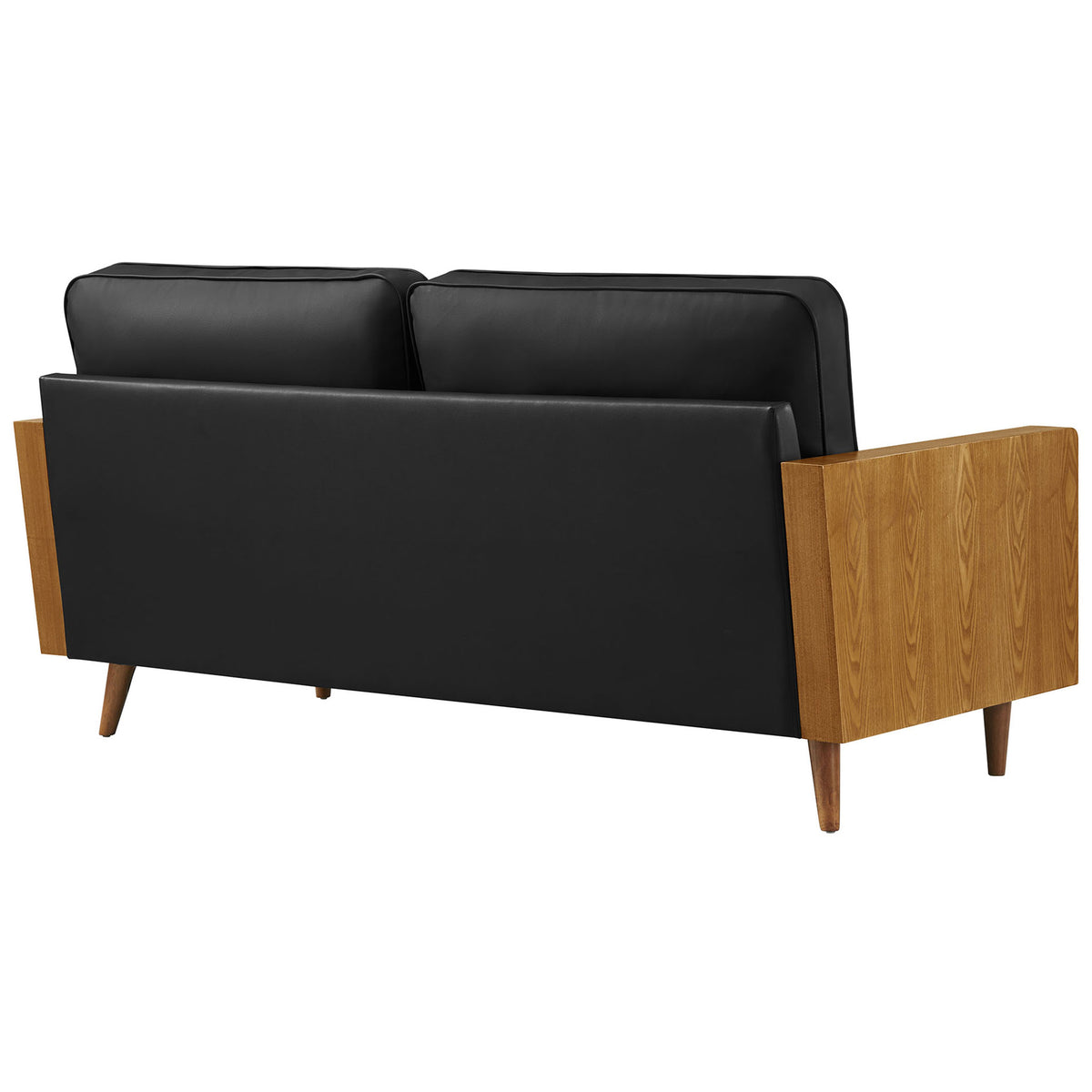 Clean black vegan leather back and warm walnut sides create a polished sofa ideal for floating in a room || EEI-6942-WAL-BLK || back_angle_studio