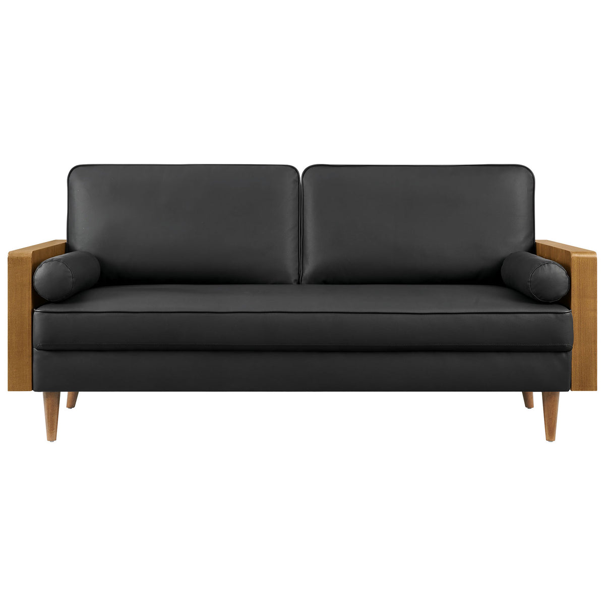Deep seat black vegan leather sofa with matching bolster pillows and walnut wood arms for modern comfort || EEI-6942-WAL-BLK || front_studio