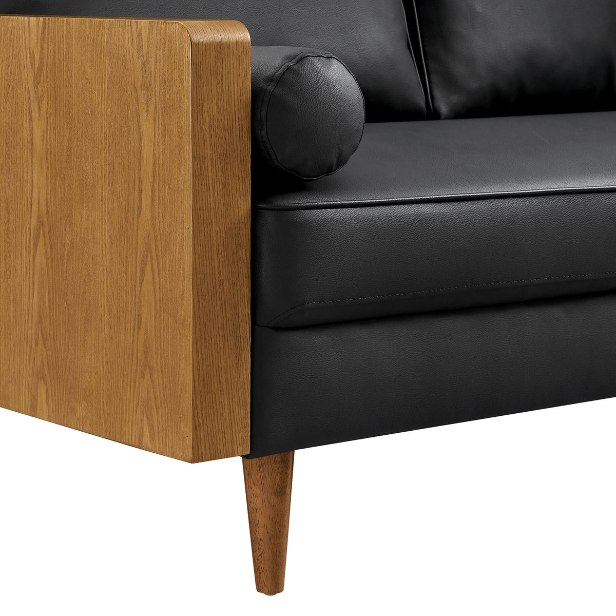 Walnut veneer armrest, tapered wood leg, and smooth black vegan leather upholstery detailing || EEI-6942-WAL-BLK || detail_studio