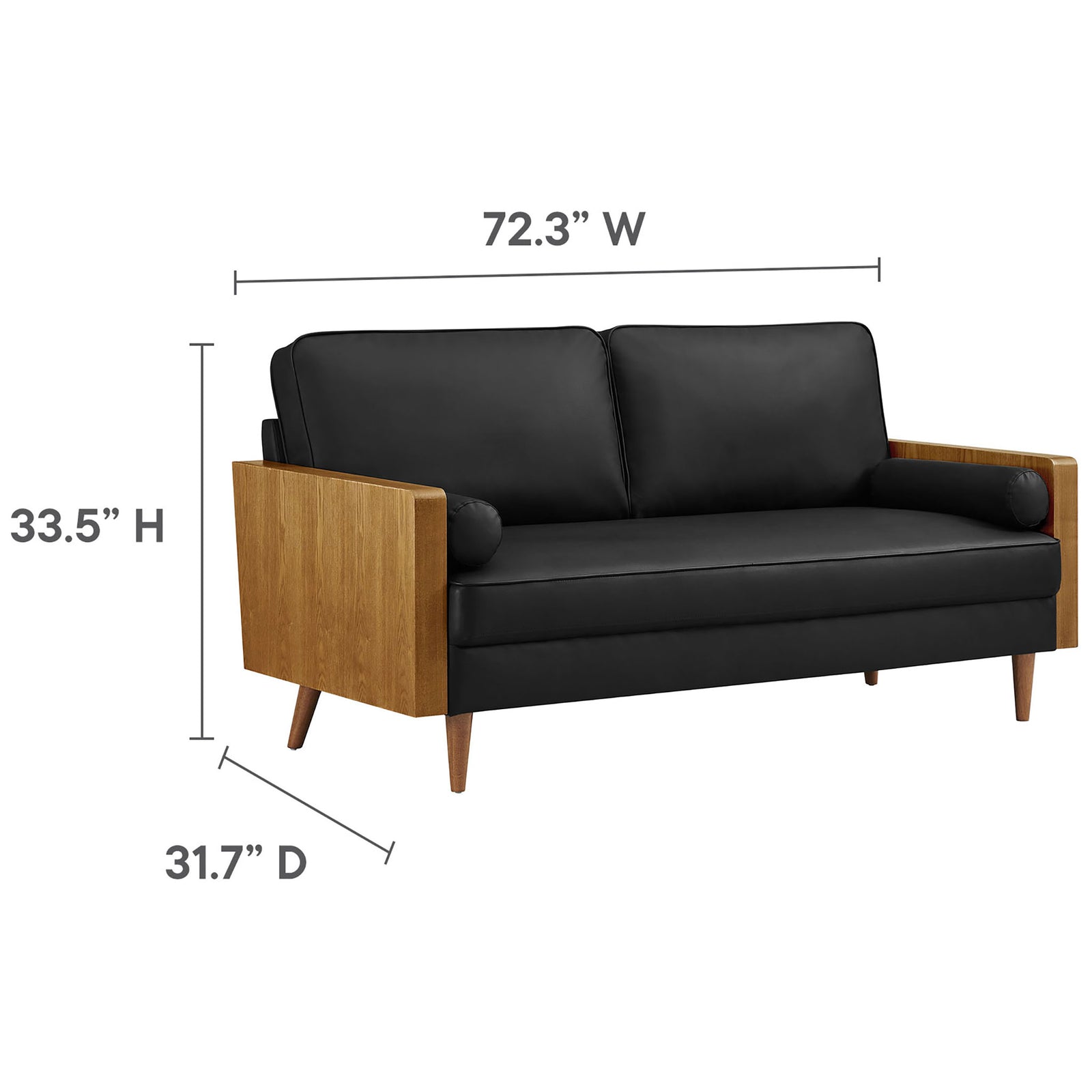 Black vegan leather sofa shown with width, depth, and height measurements for the 72-inch frame || EEI-6942-WAL-BLK || dimension_studio