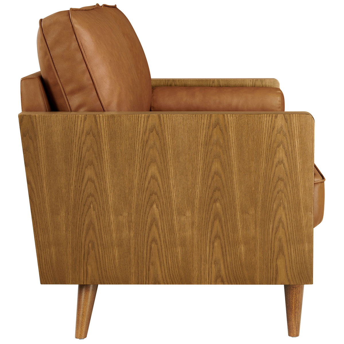 Thick cushioned seat and backrest framed by rich wood grain armrest panels on the Kellan vegan leather sofa || EEI-6942-WAL-TAN || side_studio