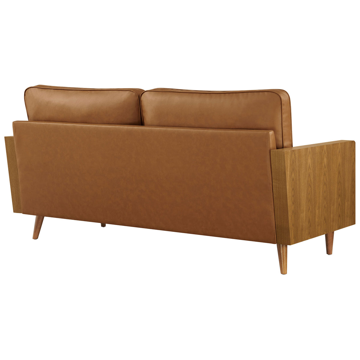 Sleek tailored back and side wood panels give this Kellan vegan leather sofa a clean modern profile || EEI-6942-WAL-TAN || back_angle_studio