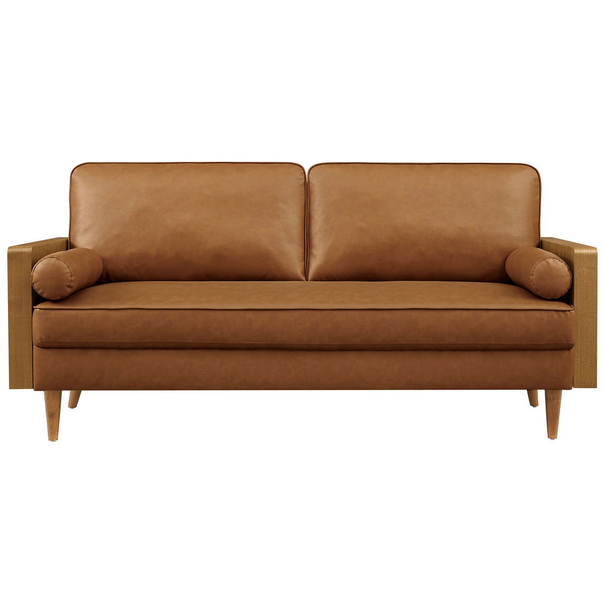Kellan walnut tan vegan leather sofa with wood veneer arms, bolster pillows, and deep supportive cushioning || EEI-6942-WAL-TAN || front_studio