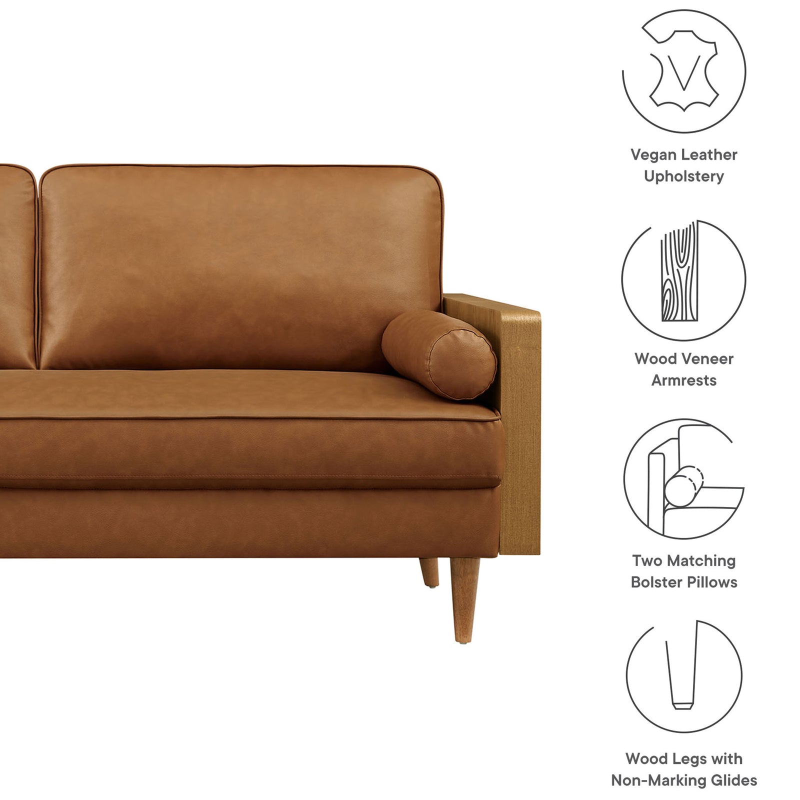 Feature graphic highlighting Kellan sofa vegan leather, wood veneer arms, bolster pillows, and wood legs || EEI-6942-WAL-TAN || callout_studio