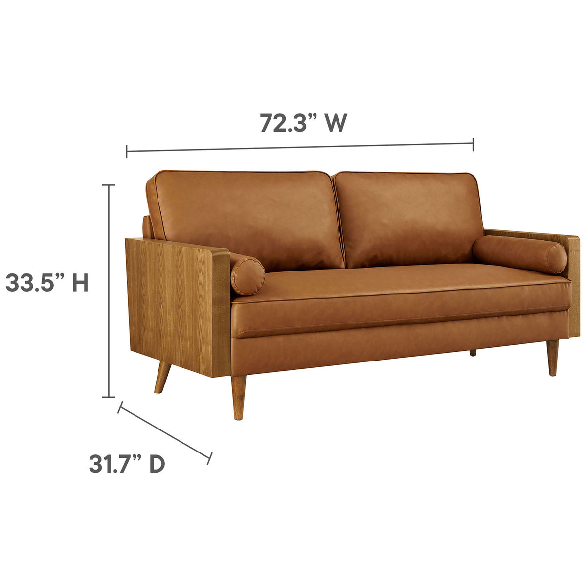 Dimension graphic showing Kellan vegan leather sofa with 72.3 inch width, 31.7 inch depth, and 33.5 inch height || EEI-6942-WAL-TAN || dimension_studio