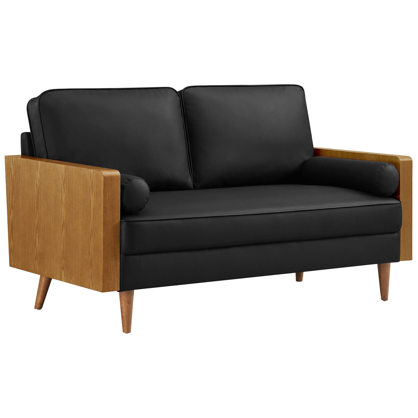 Mid-century Kellan loveseat in black vegan leather with warm walnut veneer frame and angled wood legs || EEI-6943-WAL-BLK || front_angle_studio