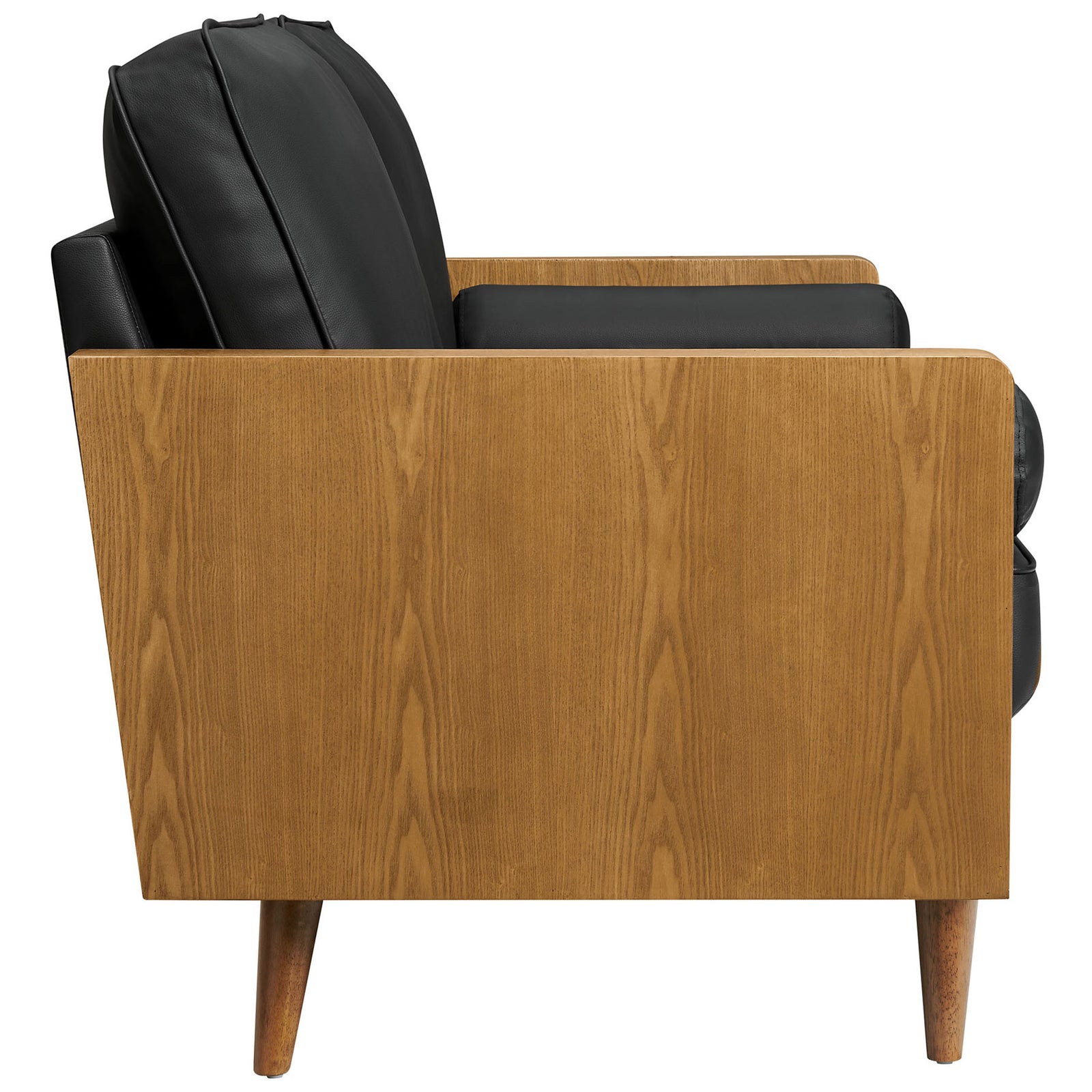 Walnut wood veneer side panel highlighting the sleek box arm design and slim black vegan leather cushions || EEI-6943-WAL-BLK || side_studio
