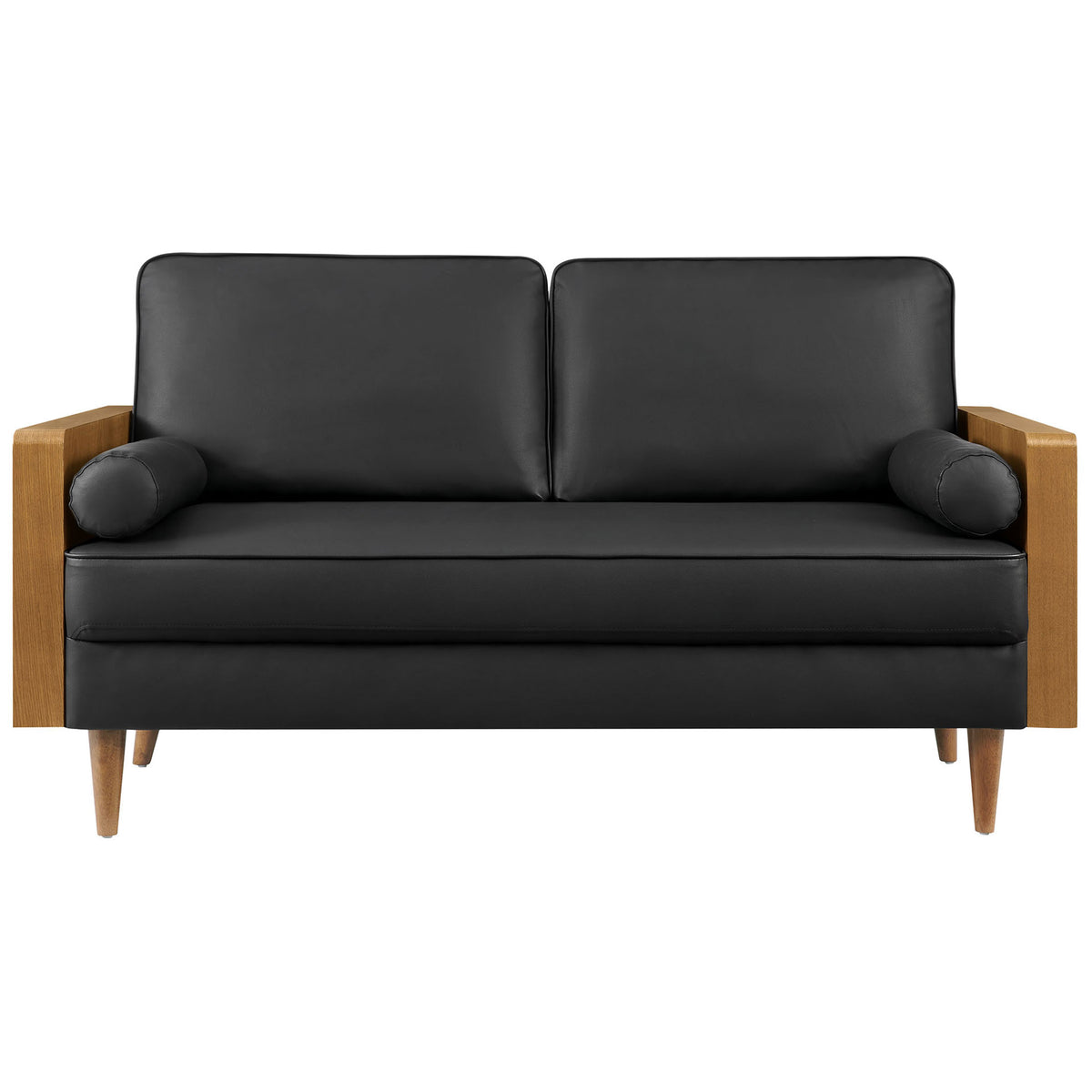 Compact black vegan leather loveseat with walnut wood arms, bolster pillows, and tapered legs || EEI-6943-WAL-BLK || front_studio
