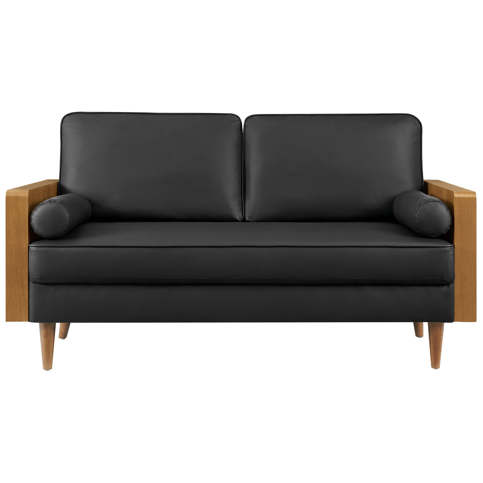 Compact black vegan leather loveseat with walnut wood arms, bolster pillows, and tapered legs || EEI-6943-WAL-BLK || front_studio