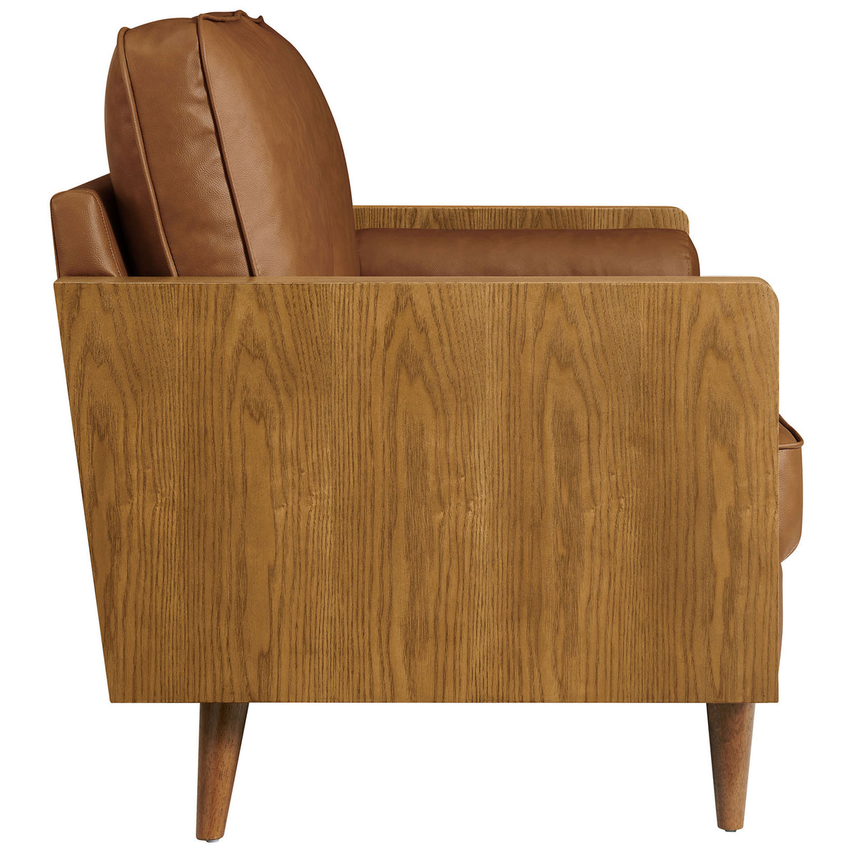Clean-lined loveseat with wood grain panel arms and slim tapered legs in walnut tan vegan leather || EEI-6943-WAL-TAN || side_studio