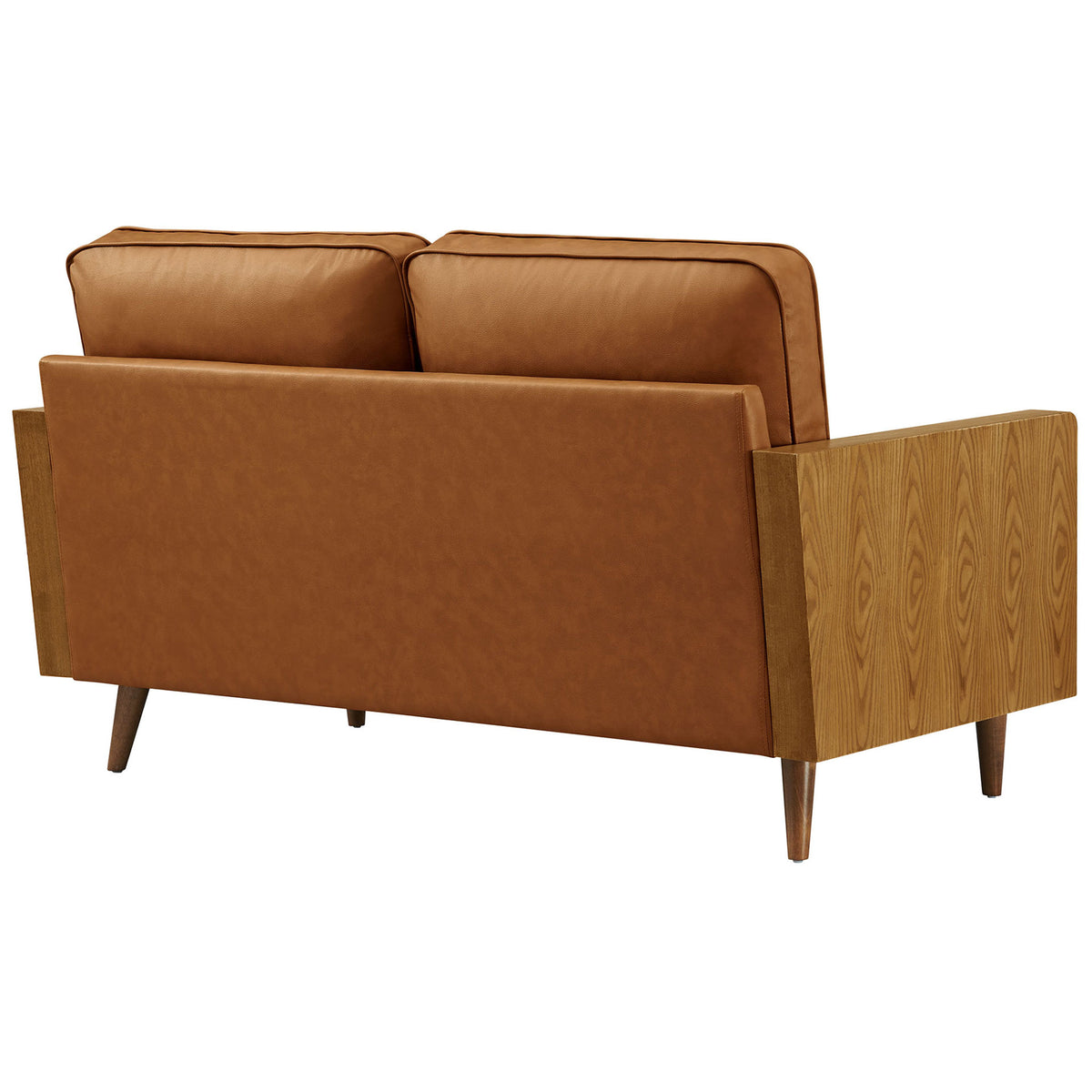 Fully upholstered back and sides in rich walnut tan vegan leather with wood veneer accents || EEI-6943-WAL-TAN || back_angle_studio