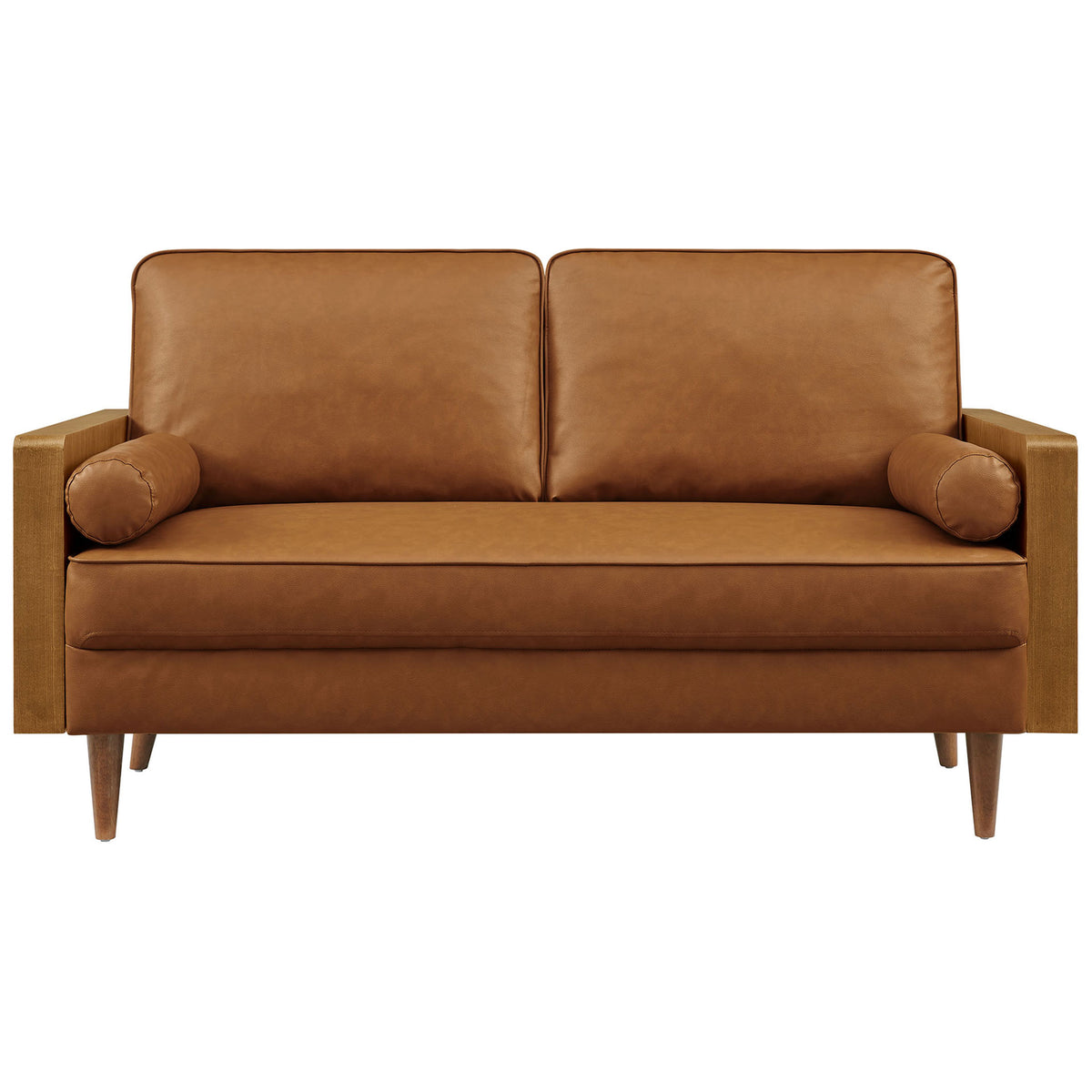 Walnut tan vegan leather loveseat with plush cushions and warm wood veneer arms || EEI-6943-WAL-TAN || front_studio
