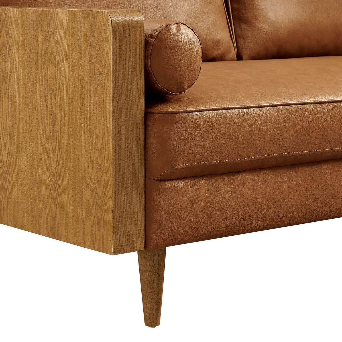 Wood veneer armrest, bolster pillow, and tapered leg in walnut tan vegan leather upholstery || EEI-6943-WAL-TAN || detail_studio