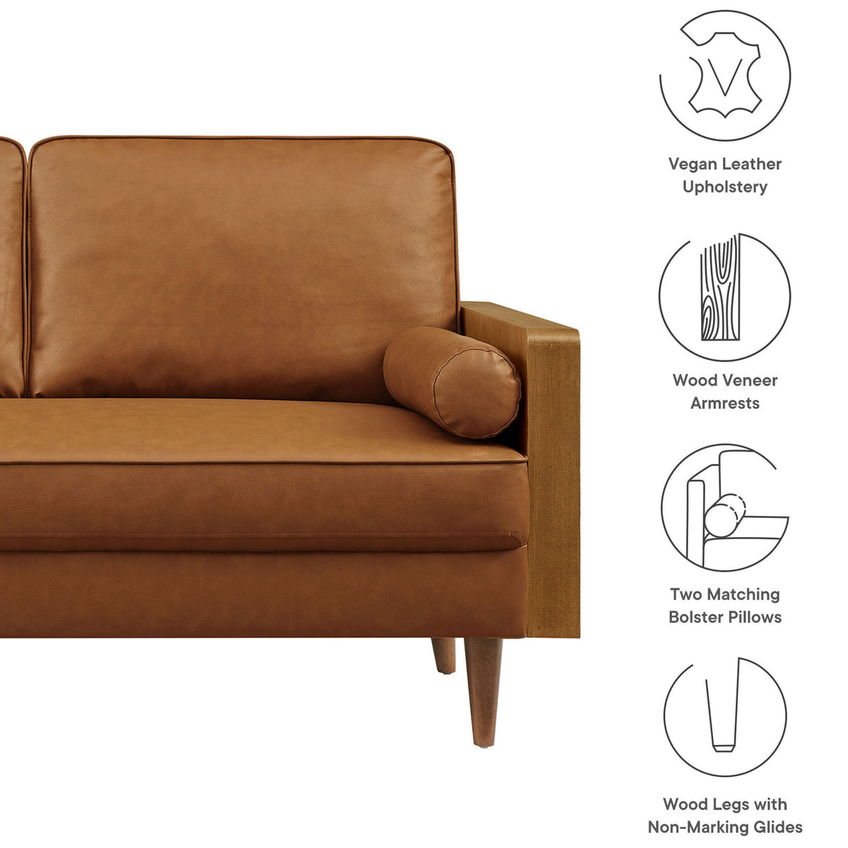 Vegan leather loveseat highlighting wood veneer arms, bolster pillows, and non-marking tapered legs || EEI-6943-WAL-TAN || callout_studio