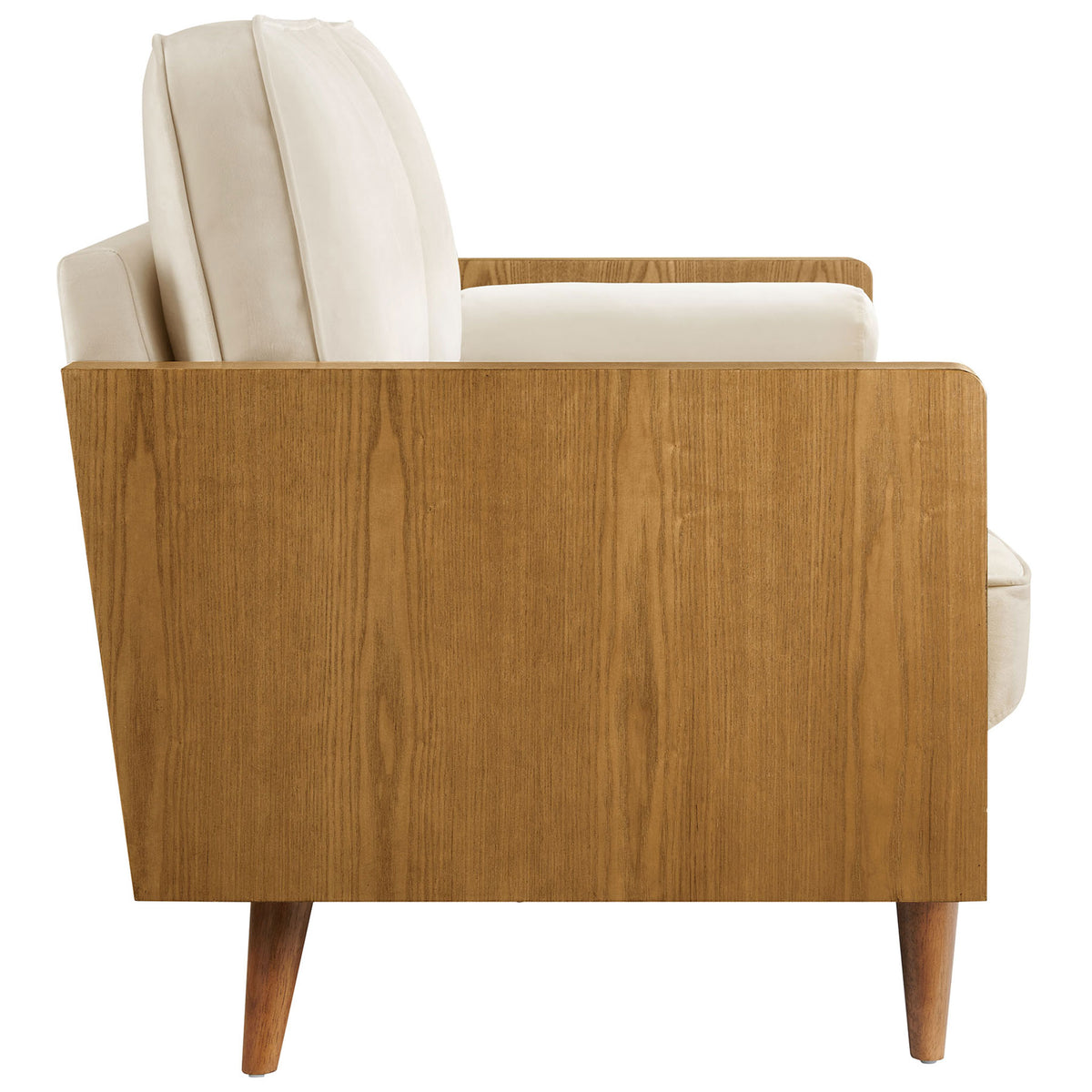 Warm walnut side panel and tapered legs accent the soft cream velvet cushions of this sofa || EEI-6944-WAL-ALA || side_studio