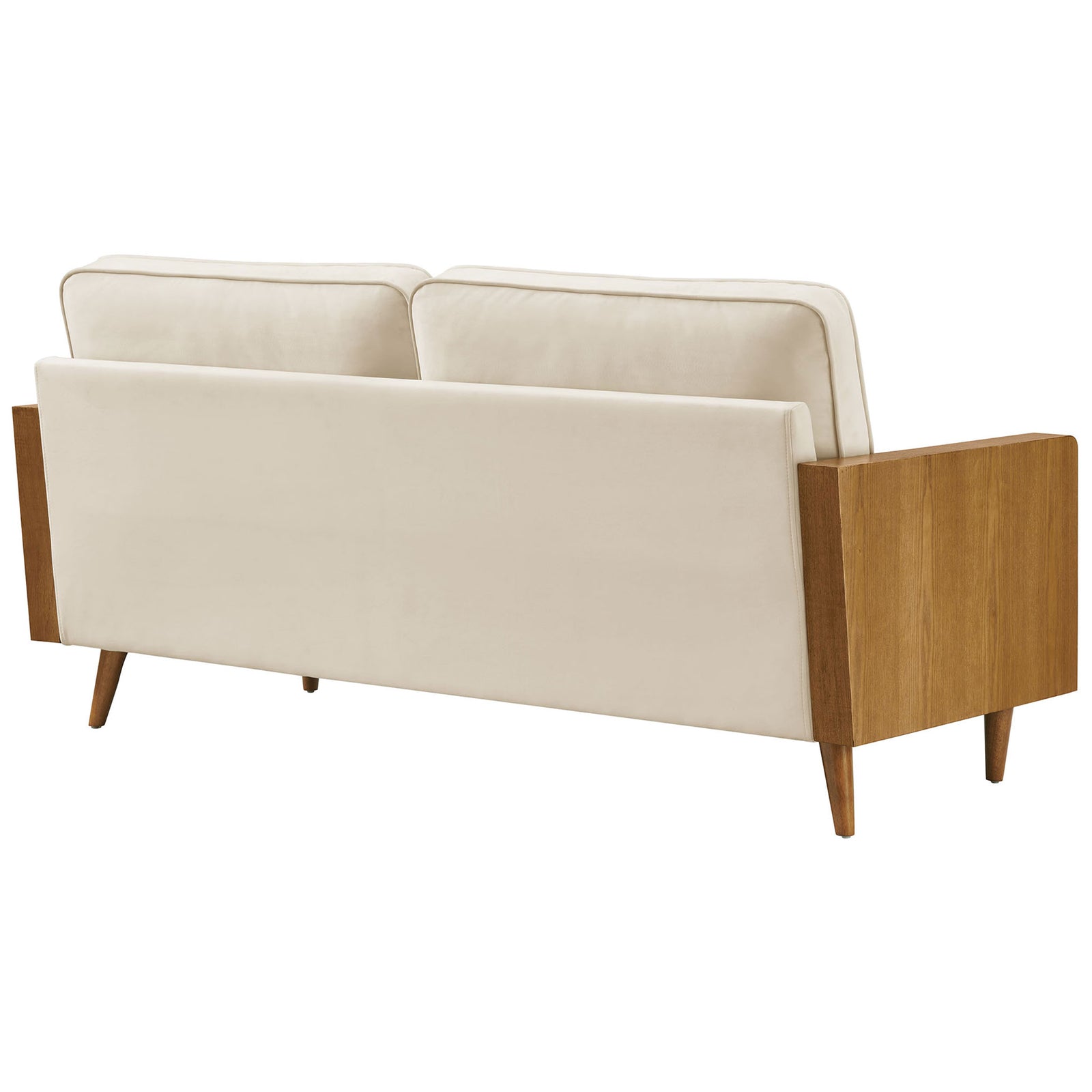 Smooth cream velvet backrest wraps around walnut wood arms for a clean minimalist sofa silhouette || EEI-6944-WAL-ALA || back_angle_studio