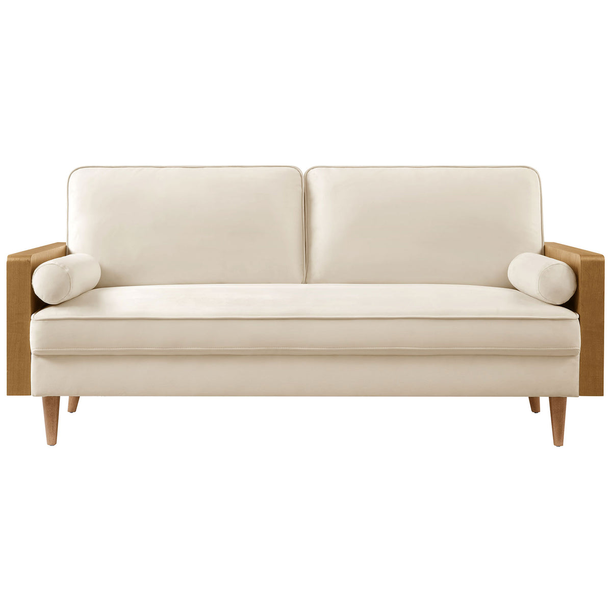 Cream performance velvet sofa with walnut wood arms, bolster pillows, and tapered mid-century legs || EEI-6944-WAL-ALA || front_studio