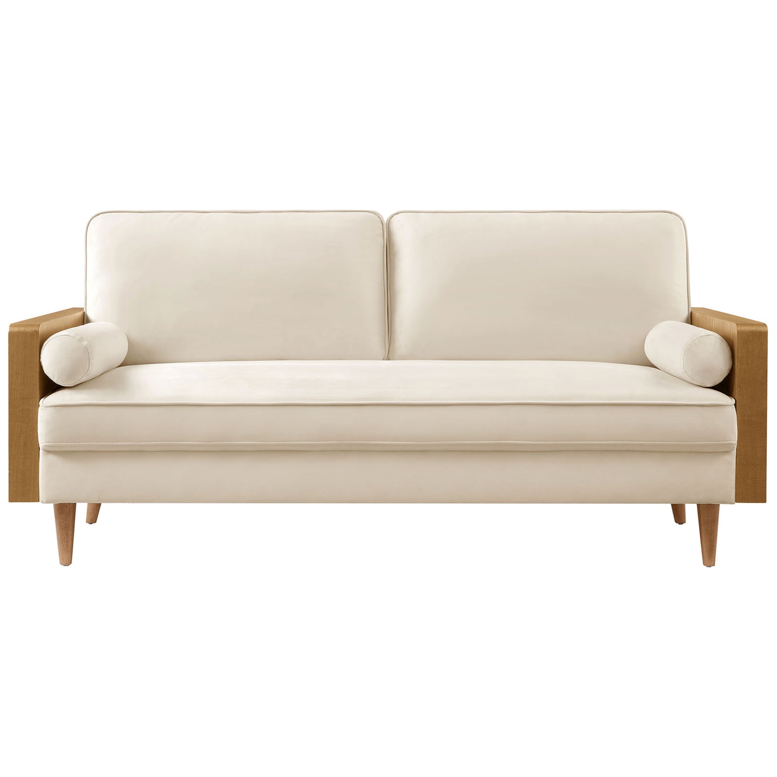 Cream performance velvet sofa with walnut wood arms, bolster pillows, and tapered mid-century legs || EEI-6944-WAL-ALA || front_studio