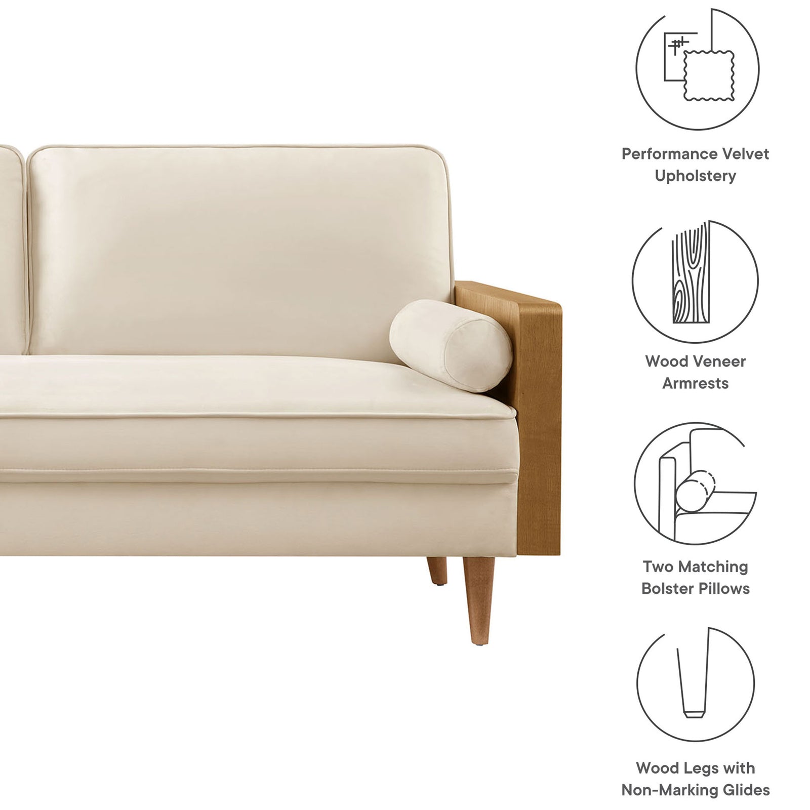 Cream velvet sofa with walnut arm, bolster pillows, and icons calling out its key comfort features || EEI-6944-WAL-ALA || callout_studio