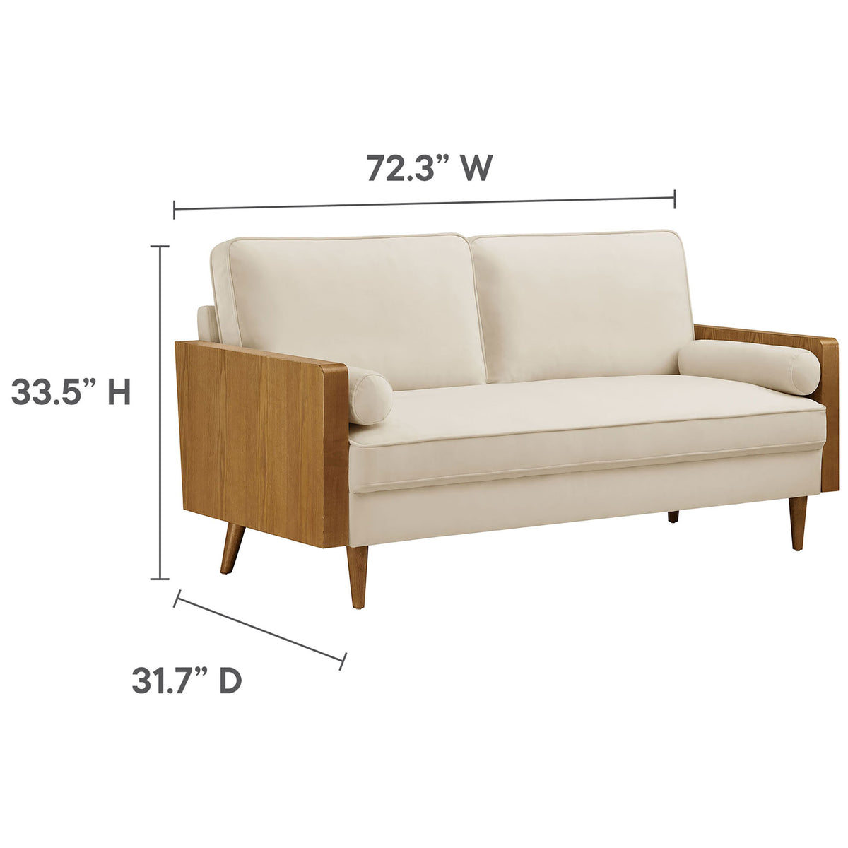 Cream velvet sofa with walnut arms shown with width, depth, and height measurements for easy planning || EEI-6944-WAL-ALA || dimension_studio
