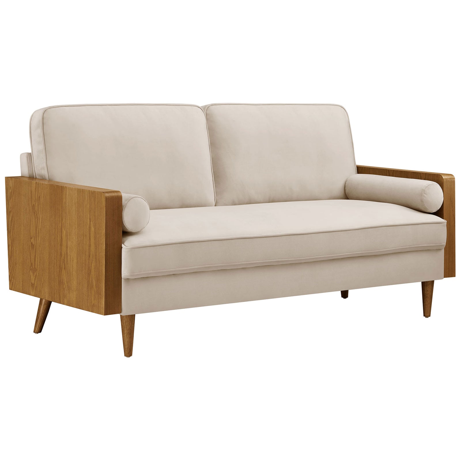 Deep-seat performance velvet sofa featuring plush cushions, round bolsters, and rich wood panel arms for lounging || EEI-6944-WAL-ALM || front_angle_studio