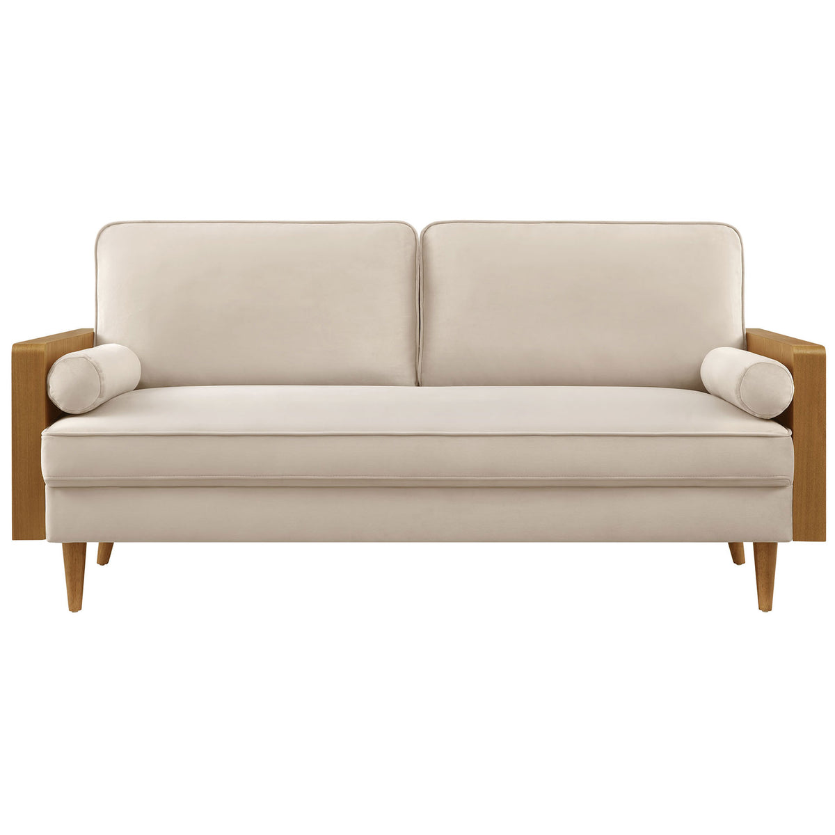 Kellan performance velvet sofa with walnut veneer arms, bolster pillows, and tapered legs for a warm mid-century look || EEI-6944-WAL-ALM || front_studio