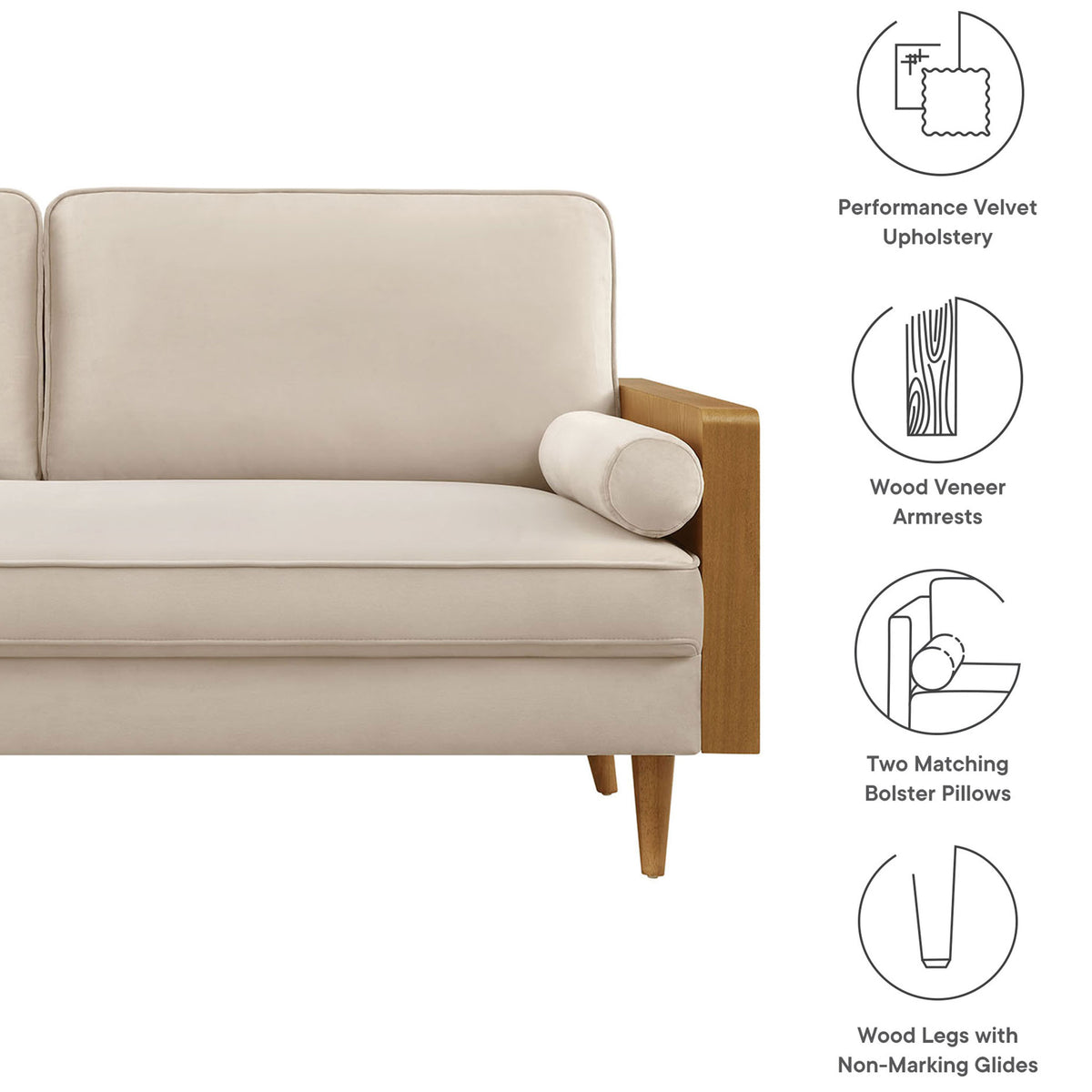 Kellan graphic highlighting velvet upholstery, wood veneer armrests, bolster pillows, and wood legs || EEI-6944-WAL-ALM || callout_studio